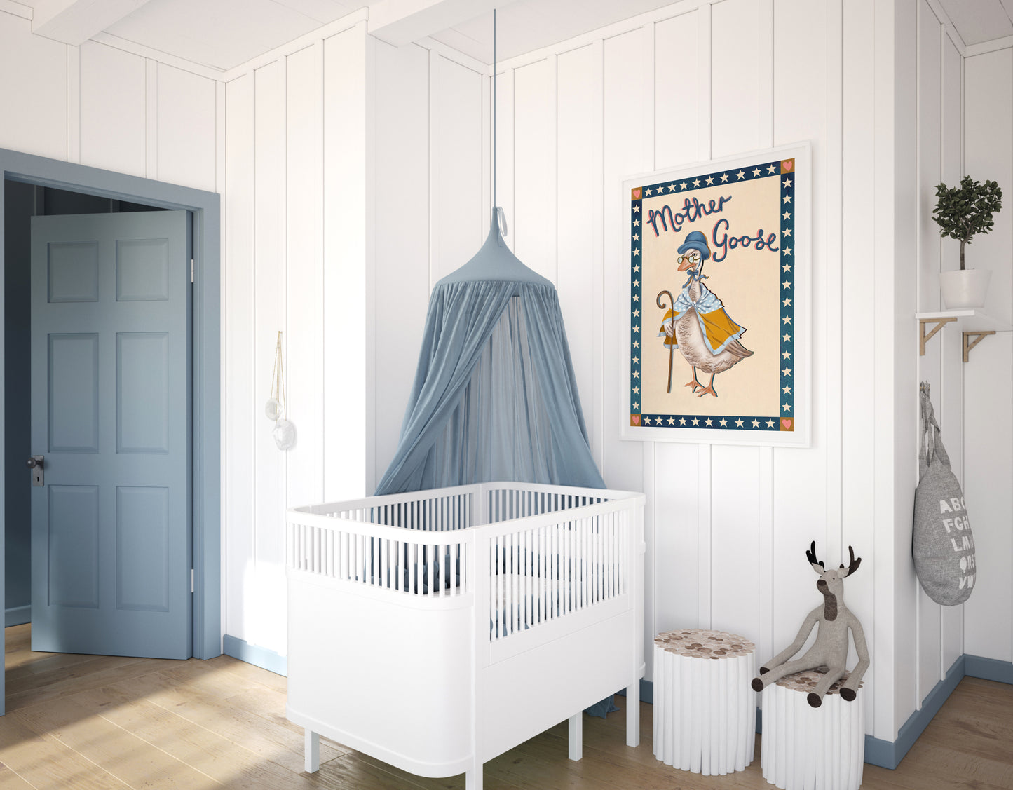 Nursery room with white crib, blue canopy, and 'Mother Goose' poster on a white wall.