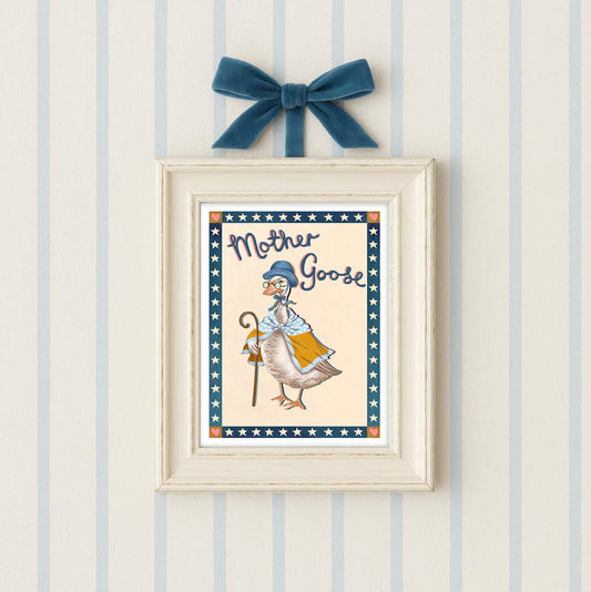 Framed artwork of 'Mother Goose' with a blue bow on a striped wall.