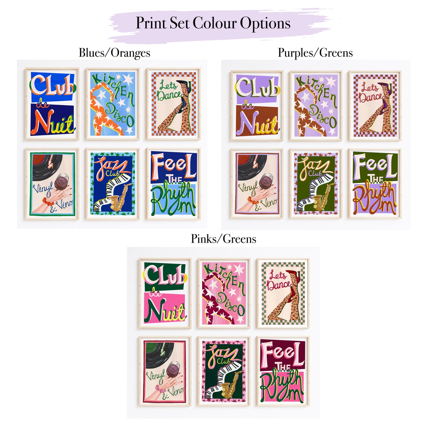 Color options for a print set with jazz-themed designs on a white background.