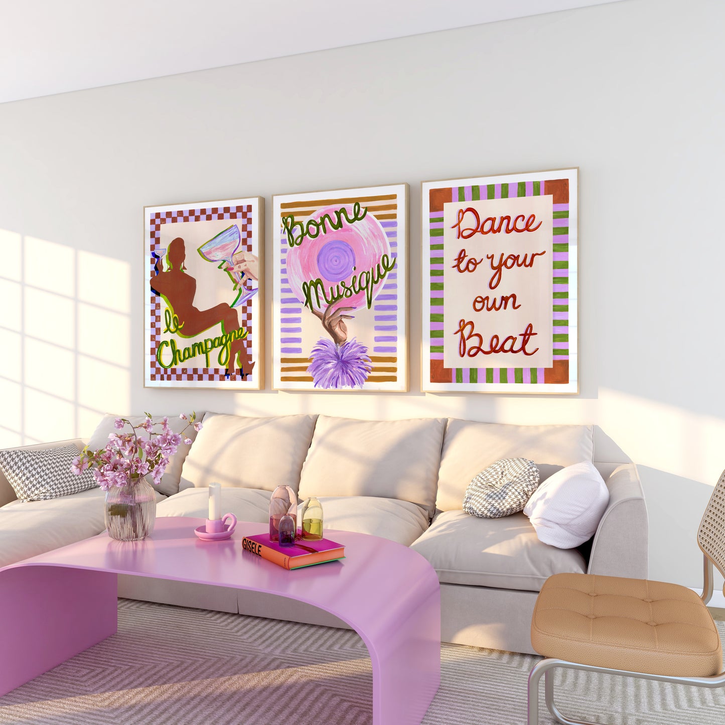 Modern living room with a white sofa, pink coffee table, and colorful wall art.
