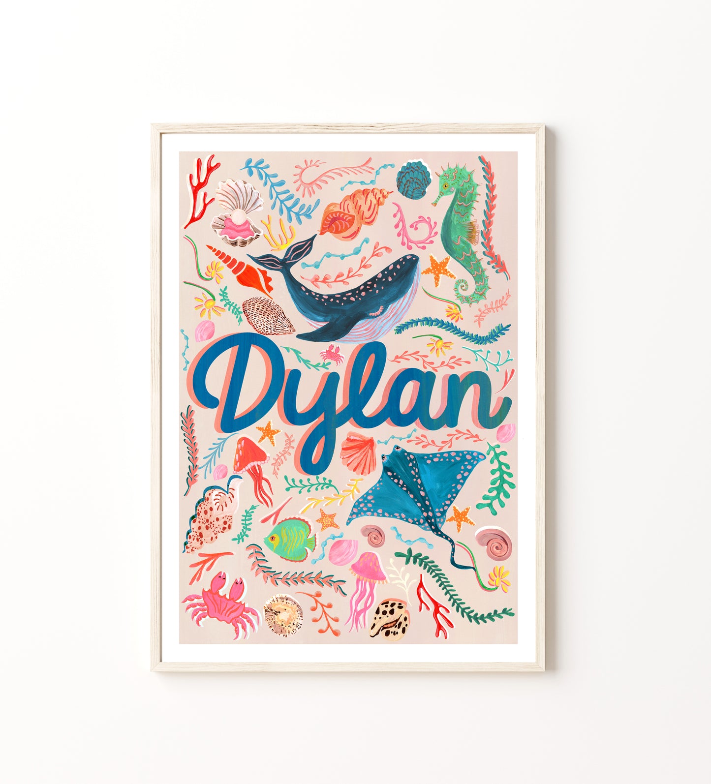 Colorful children's poster with sea-themed illustrations and the name 'Dylan' on a white background.