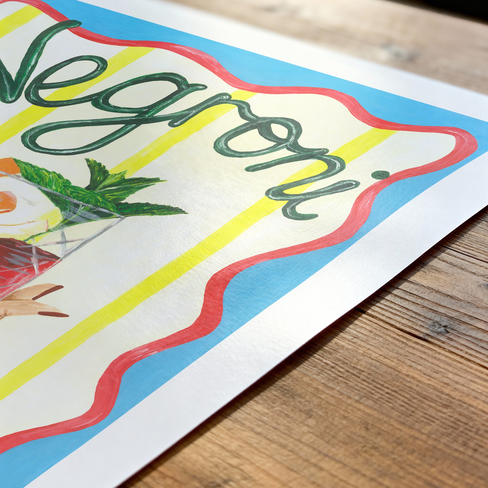 Colorful cocktail print with the word 'Negroni' on a wooden surface
