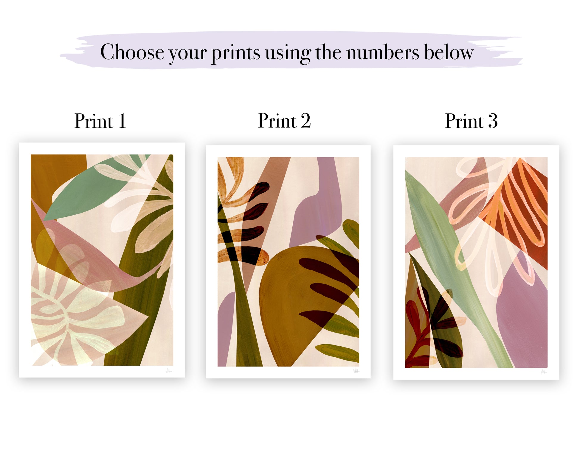 Three abstract leaf prints with a color palette of brown, green, and orange on a white background.