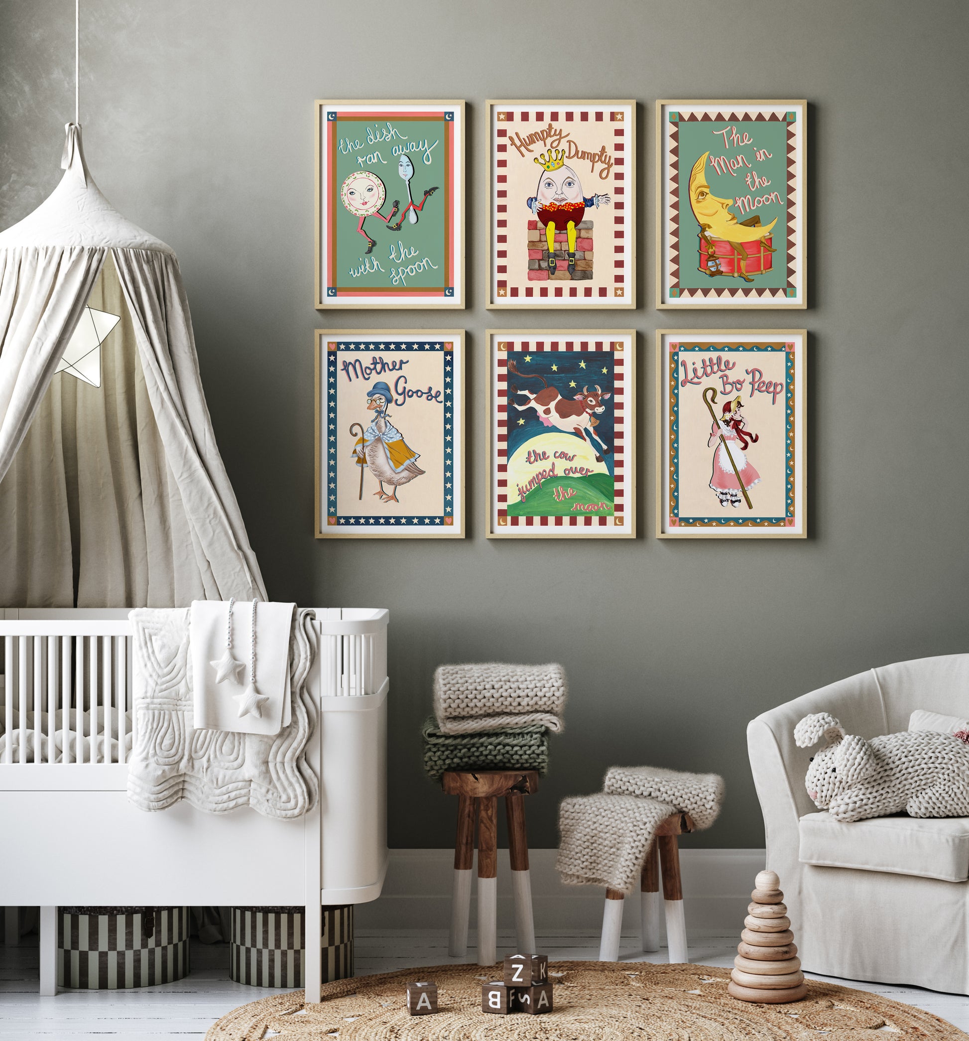 Nursery room with framed children's illustrations on the wall