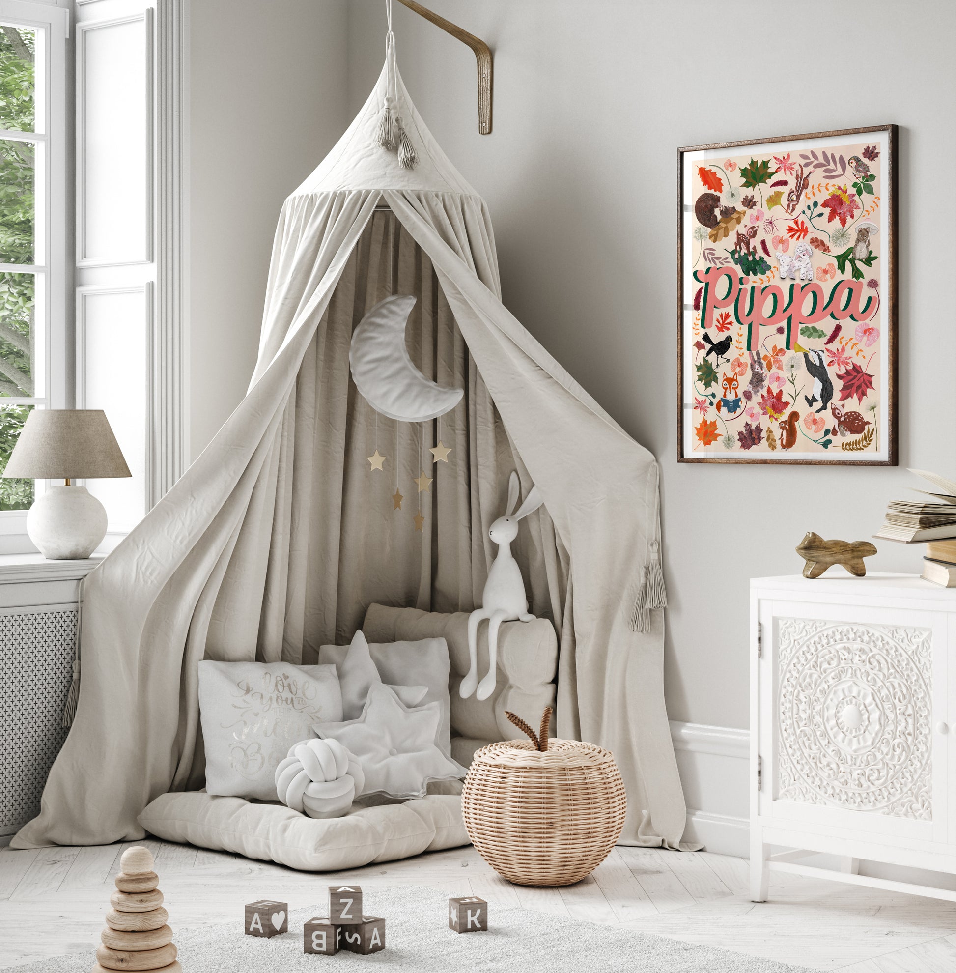 Children's playroom with a canopy bed, toys, and decorative elements.