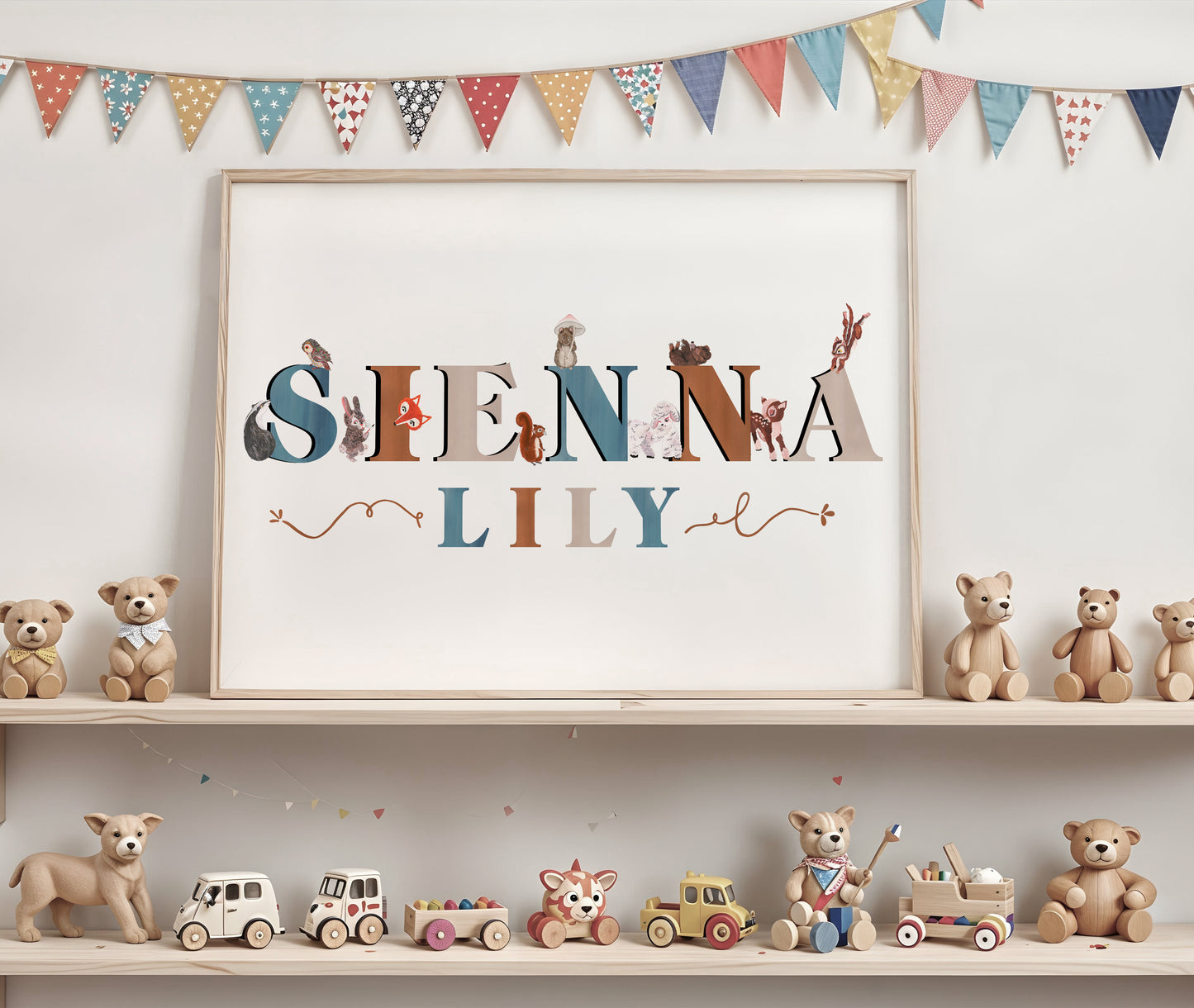Framed artwork with 'SIENNA LILY' on a shelf with teddy bears and toys.
