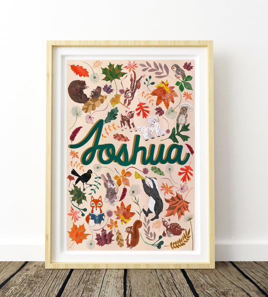 Framed artwork with 'Joshua' and nature-themed illustrations on a white wall.