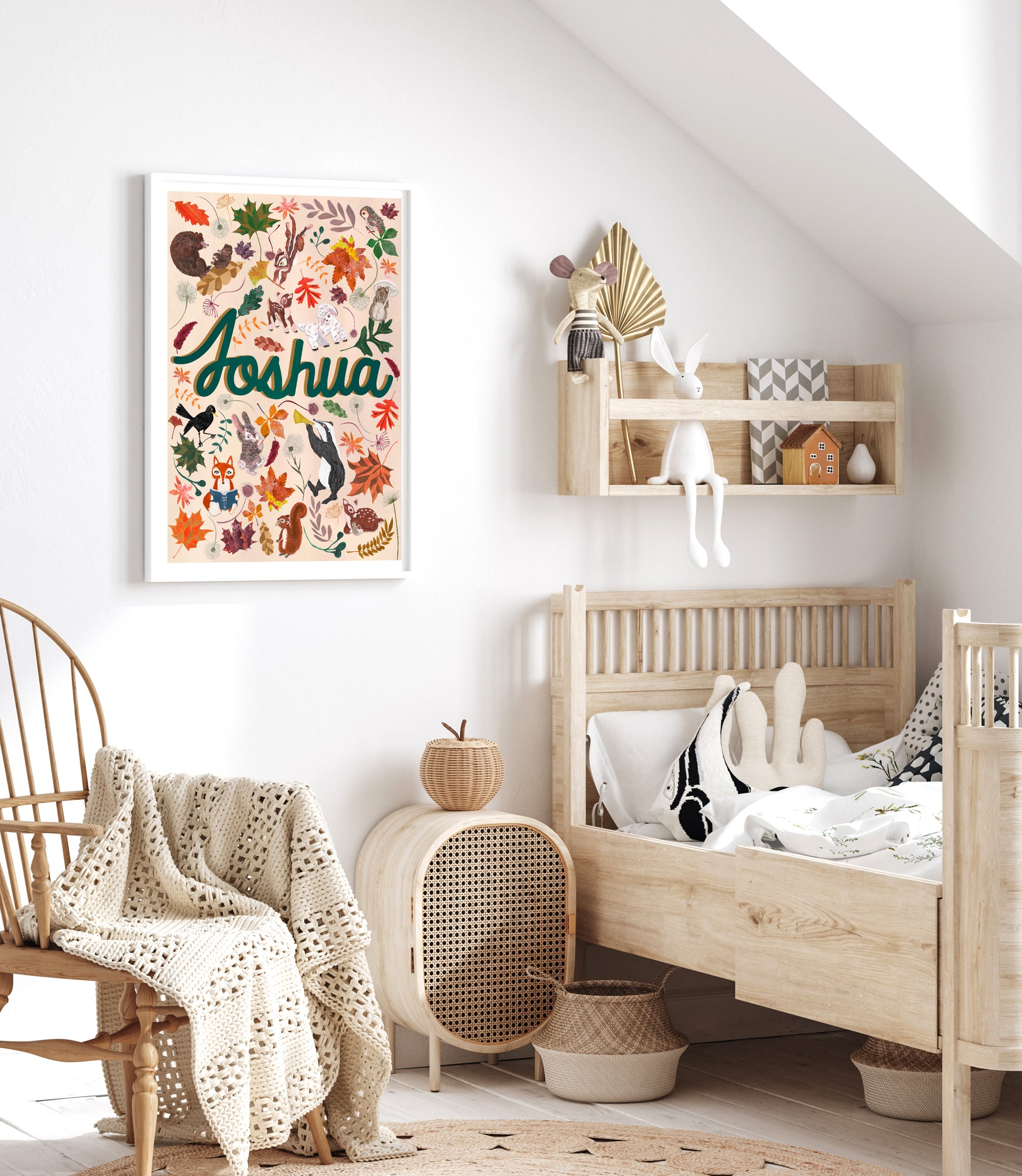 Children's room with wooden furniture, decorative items, and a colorful 'Joshua' poster on the wall.