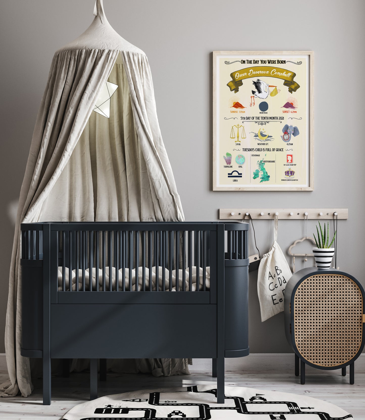 Nursery room with a black crib, decorative canopy, and wall art.