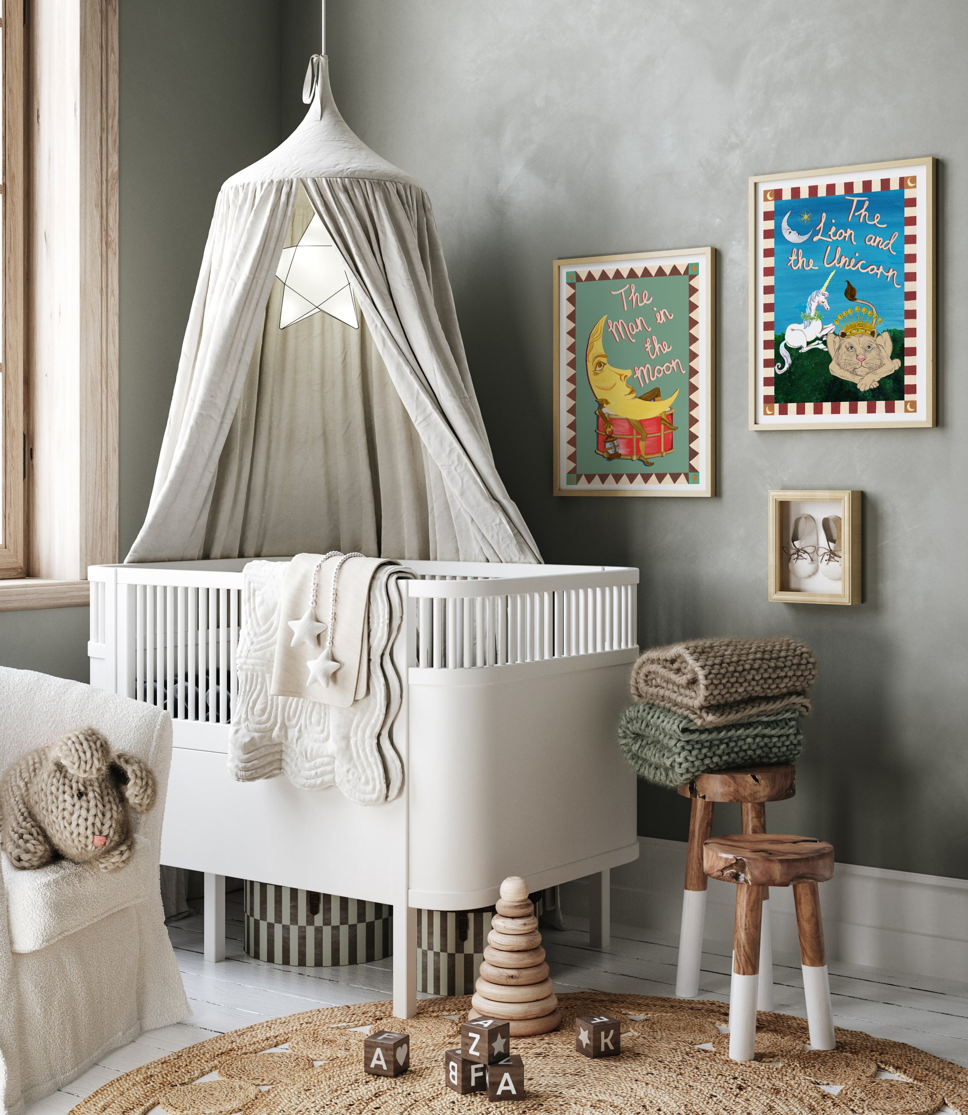 Vintage style painted nursery rhyme illustrations of a moon, unicorn and lion above a white crib on a lime wash khaki green wall