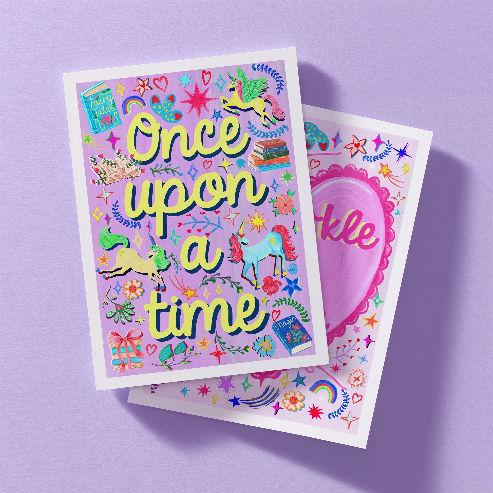 Colorful children's stickers with 'Once upon a time' text and various illustrations on a purple background.