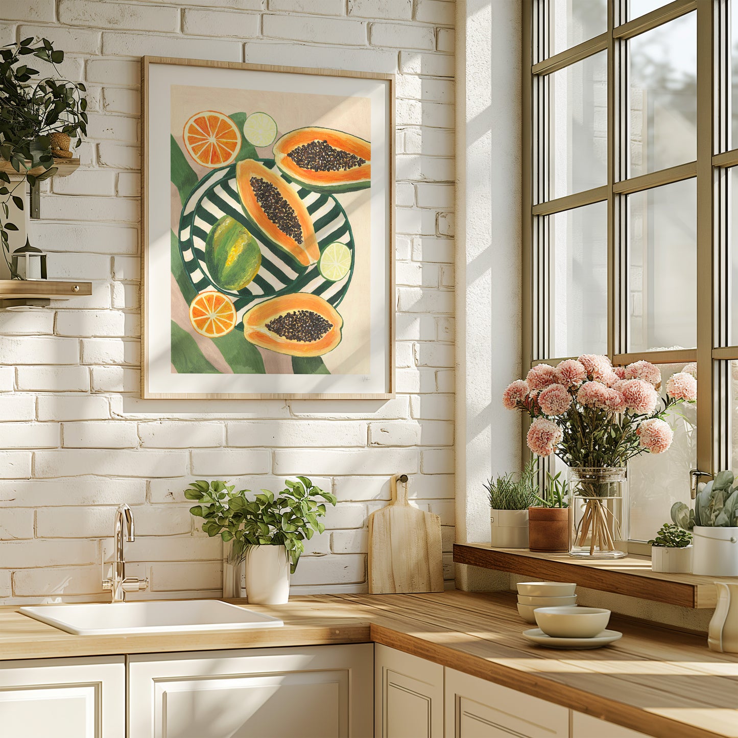 Modern kitchen with wooden countertops, white cabinets, and a colorful fruit-themed painting on the wall.