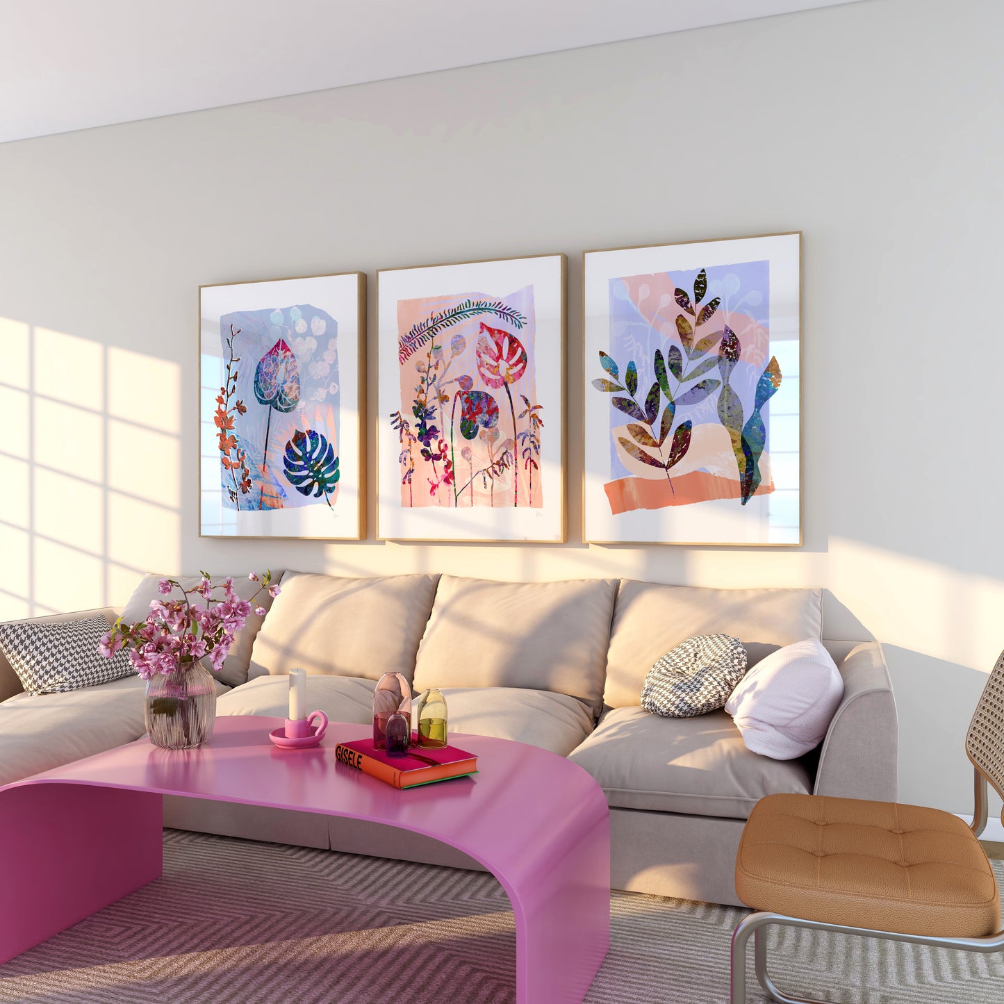 Modern living room with a pink coffee table, white sofa, and colorful wall art.