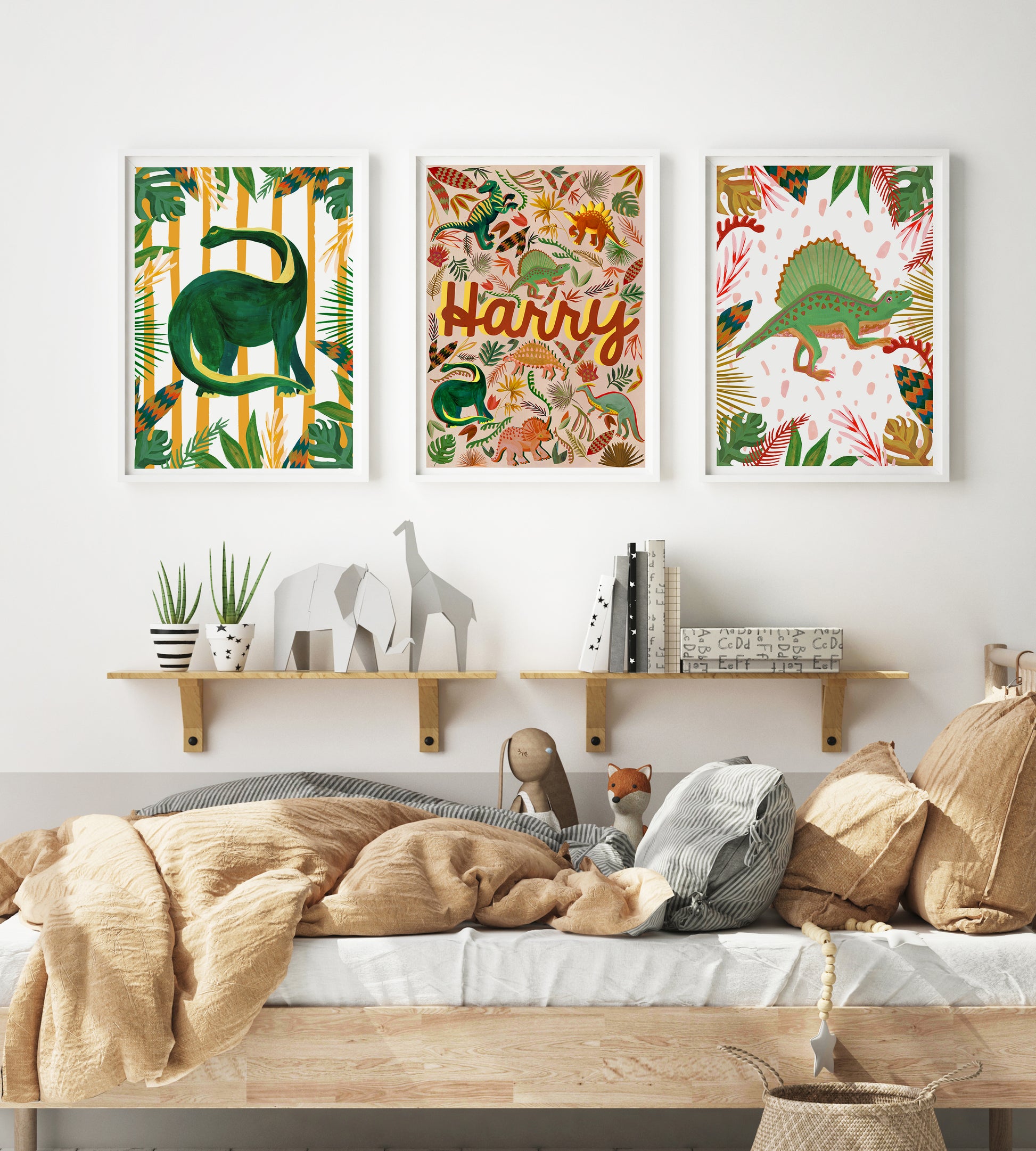 Children's room with dinosaur-themed wall art and bedding.
