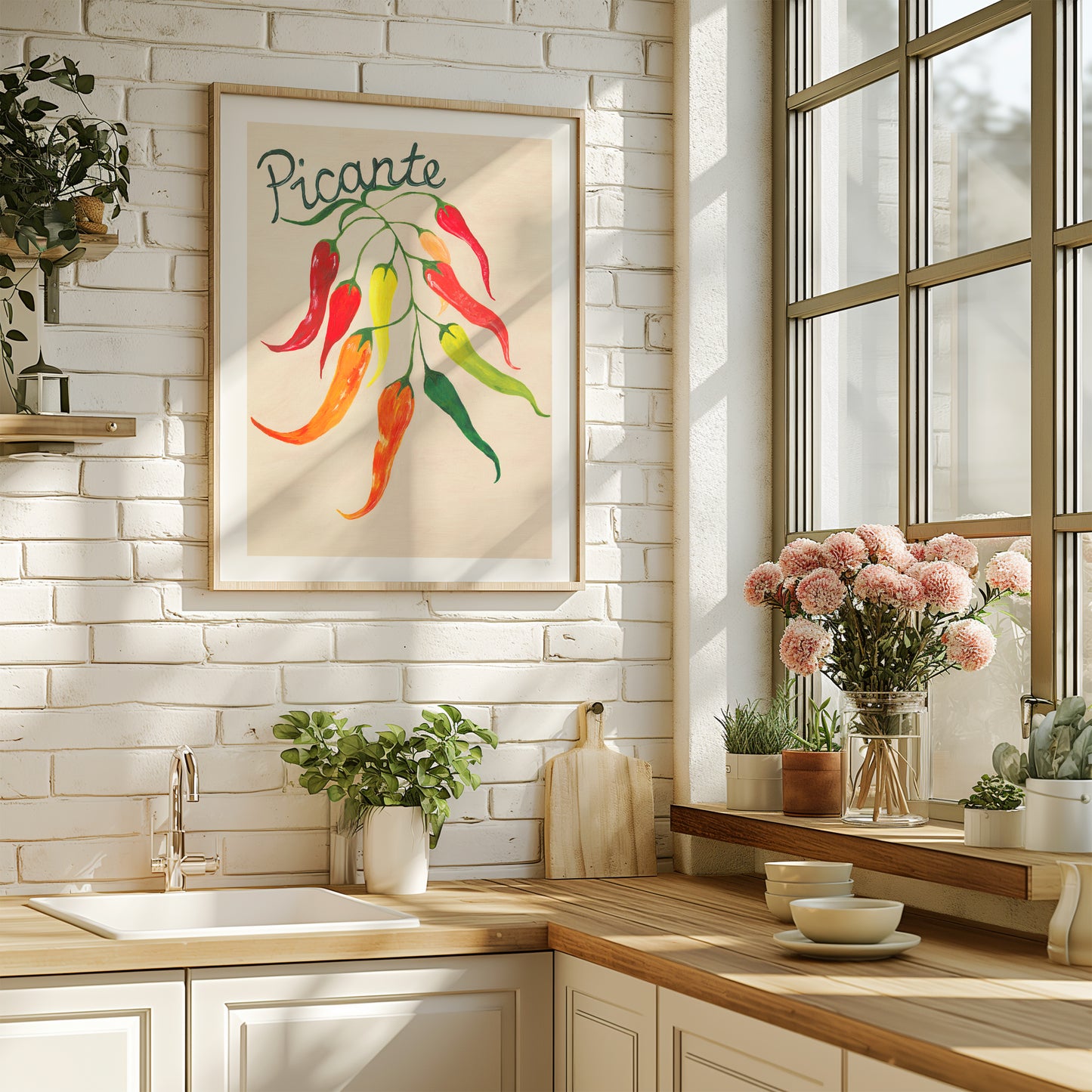 Modern kitchen with a 'Picante' poster, plants, and a window with flowers.