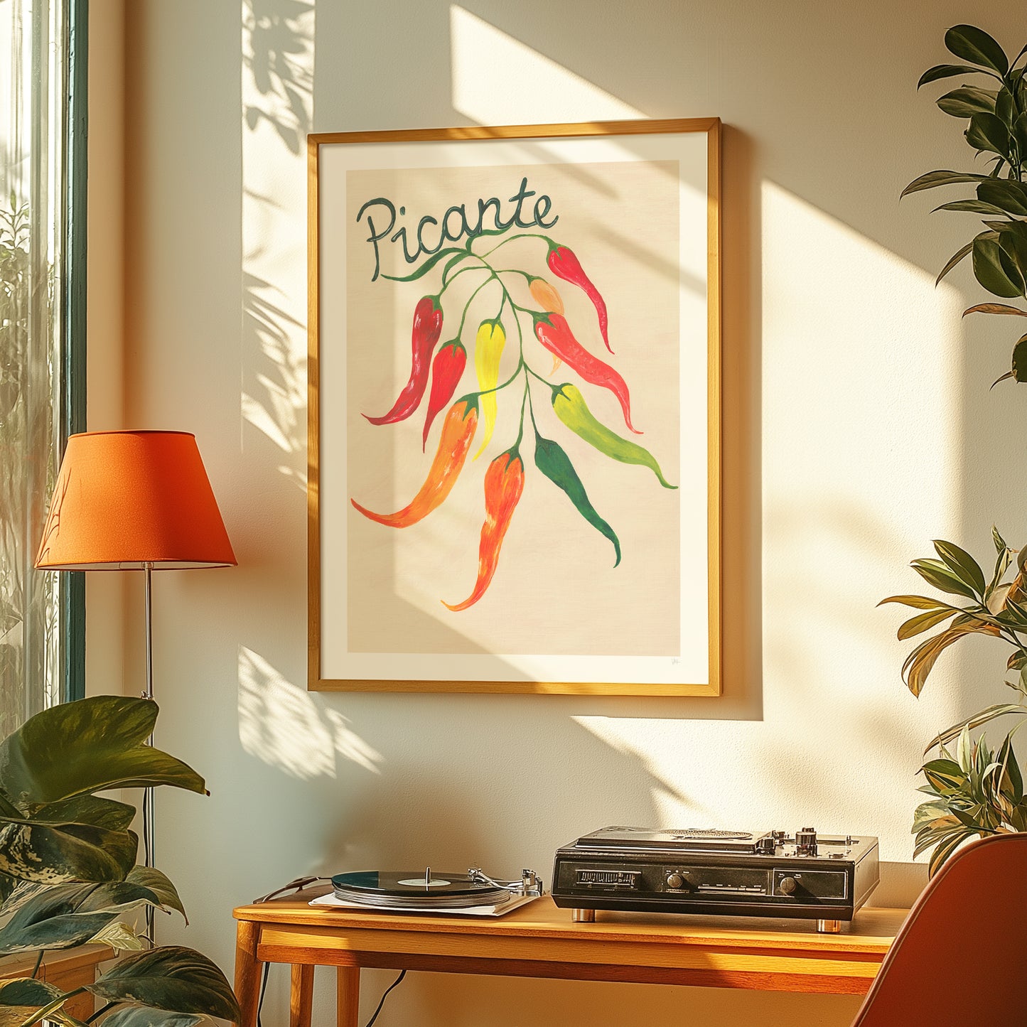 Framed artwork of colorful peppers with 'Picante' text in a room with plants and a record player.