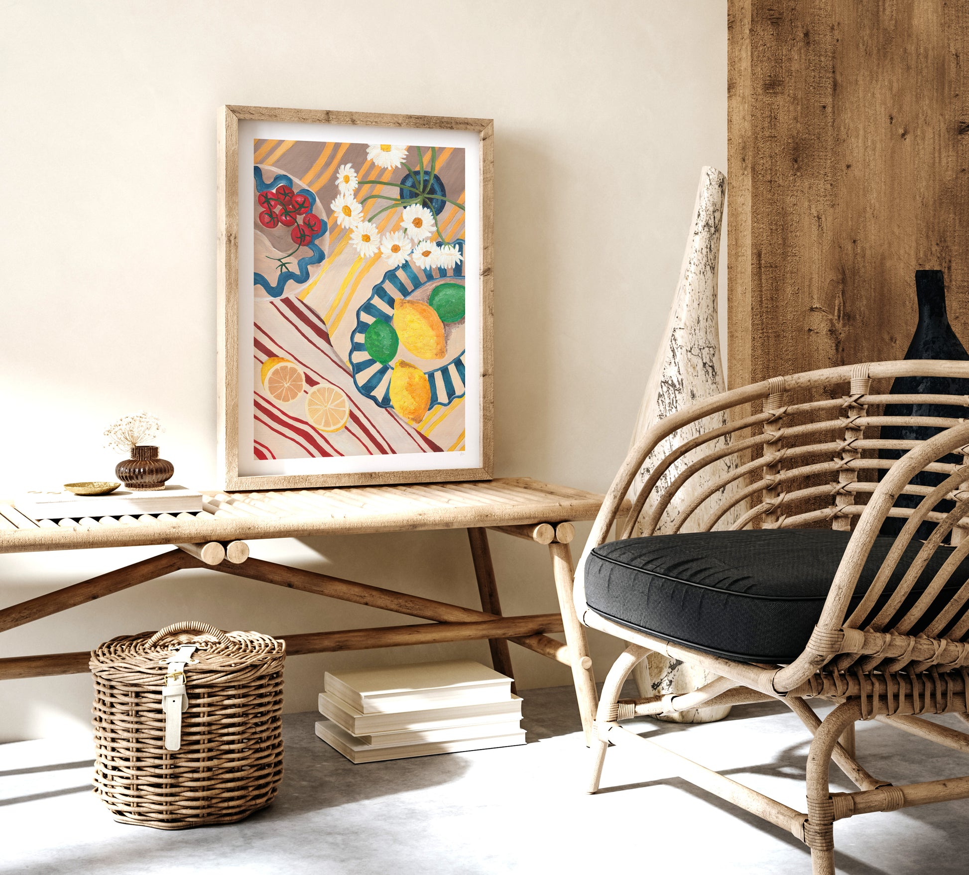 Rattan chair with black cushion next to a wooden table with a colorful abstract painting in a room with wooden wall paneling.