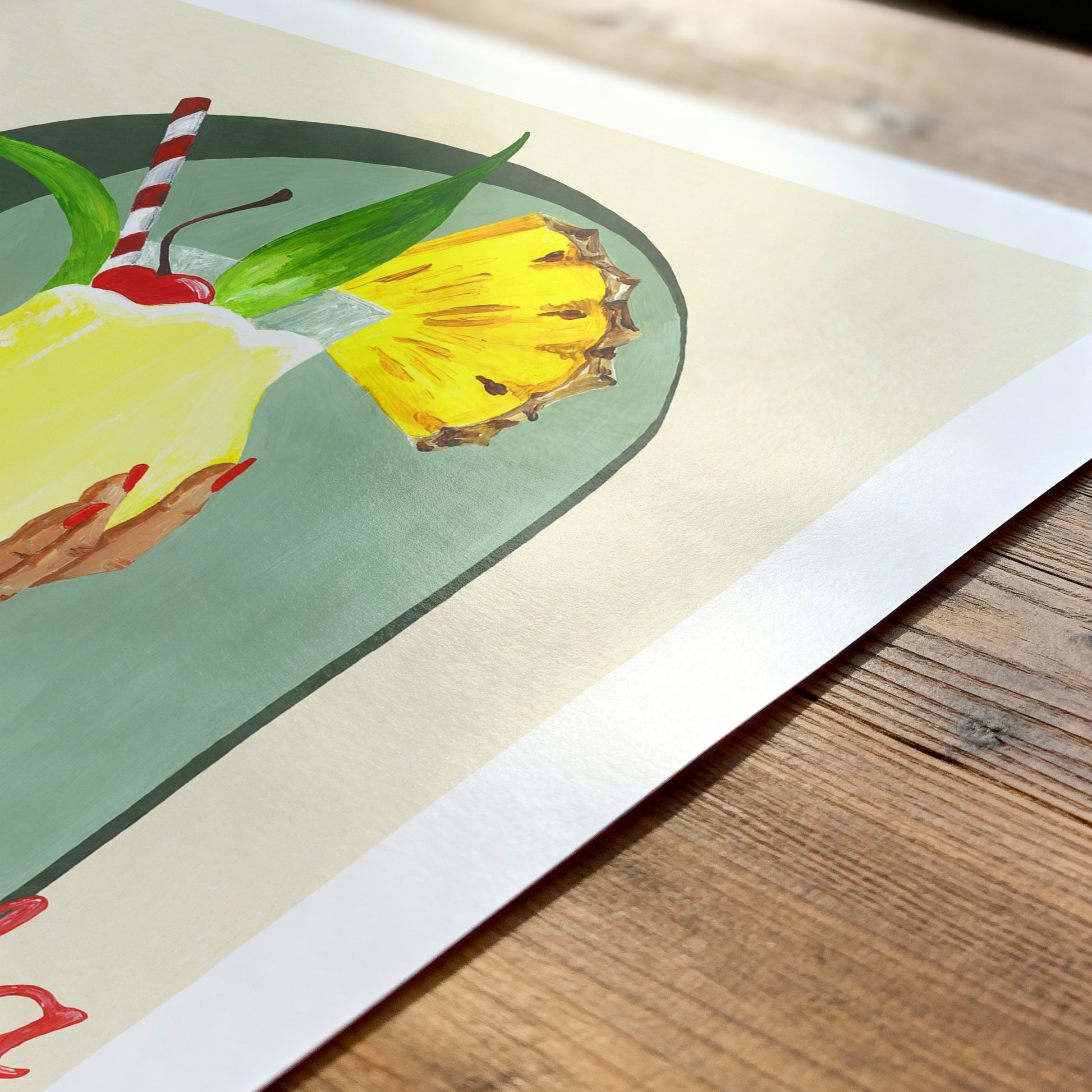 Illustration of a pineapple cocktail with a straw and cherry on a wooden surface