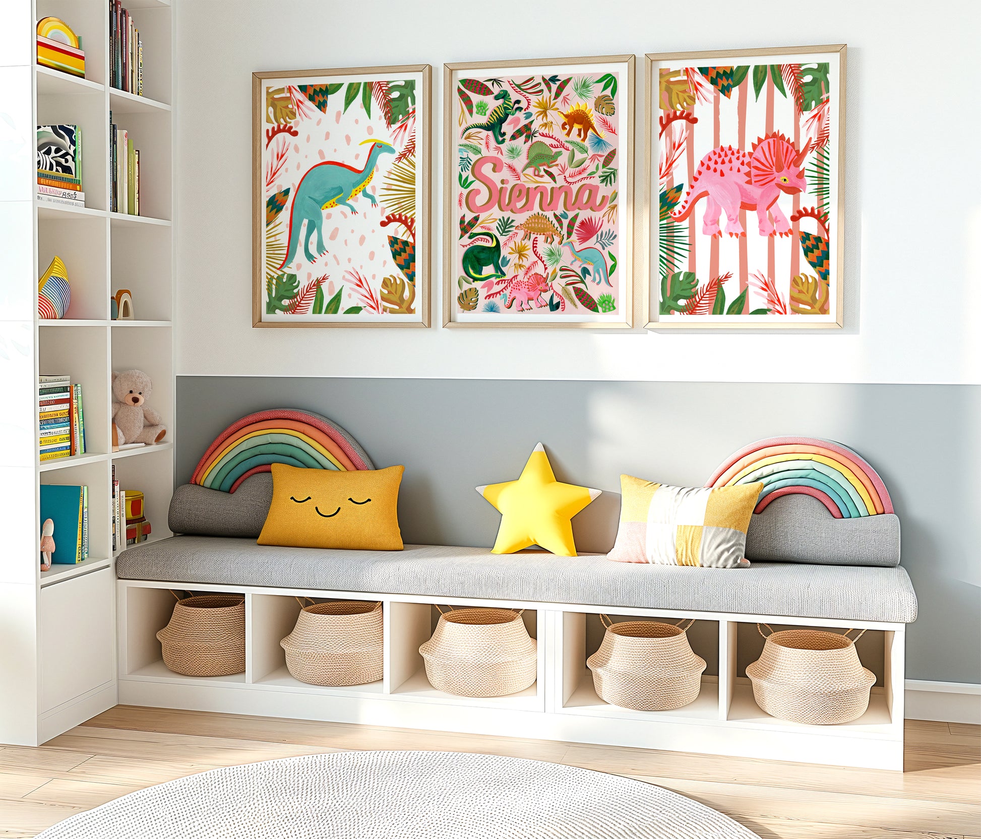 Colourful kids bedroom with a set of 3 personalised dinosaur illustrated framed prints on the wall above cushioned bench with rainbow cushions.