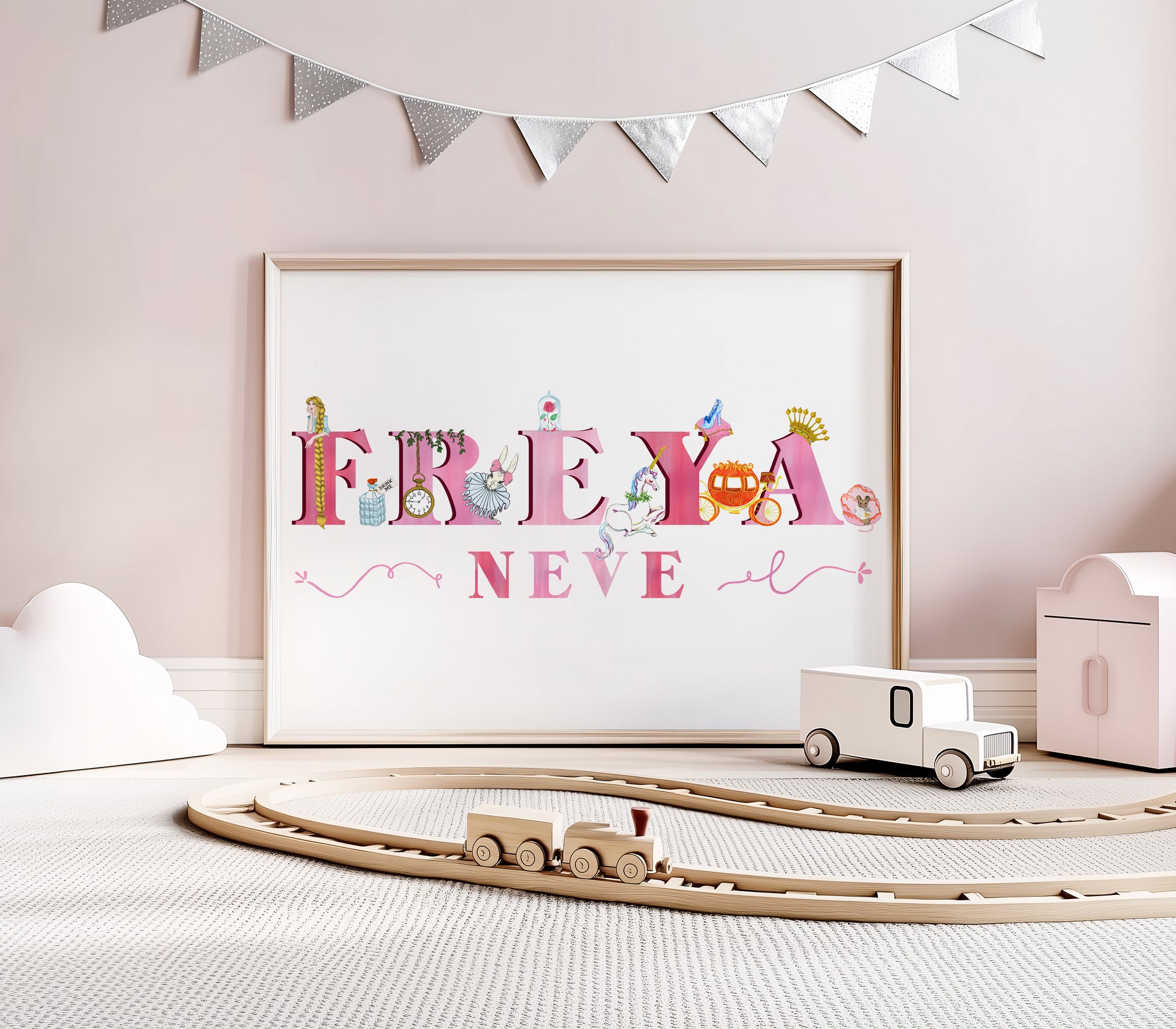 Children's room with a framed fairytale illustrted name art piece, toy train, and wooden toy truck.