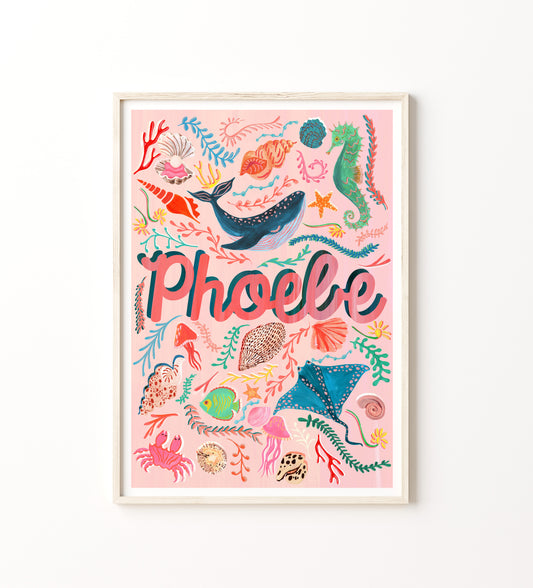 Sea Themed Children's Pink Name Print