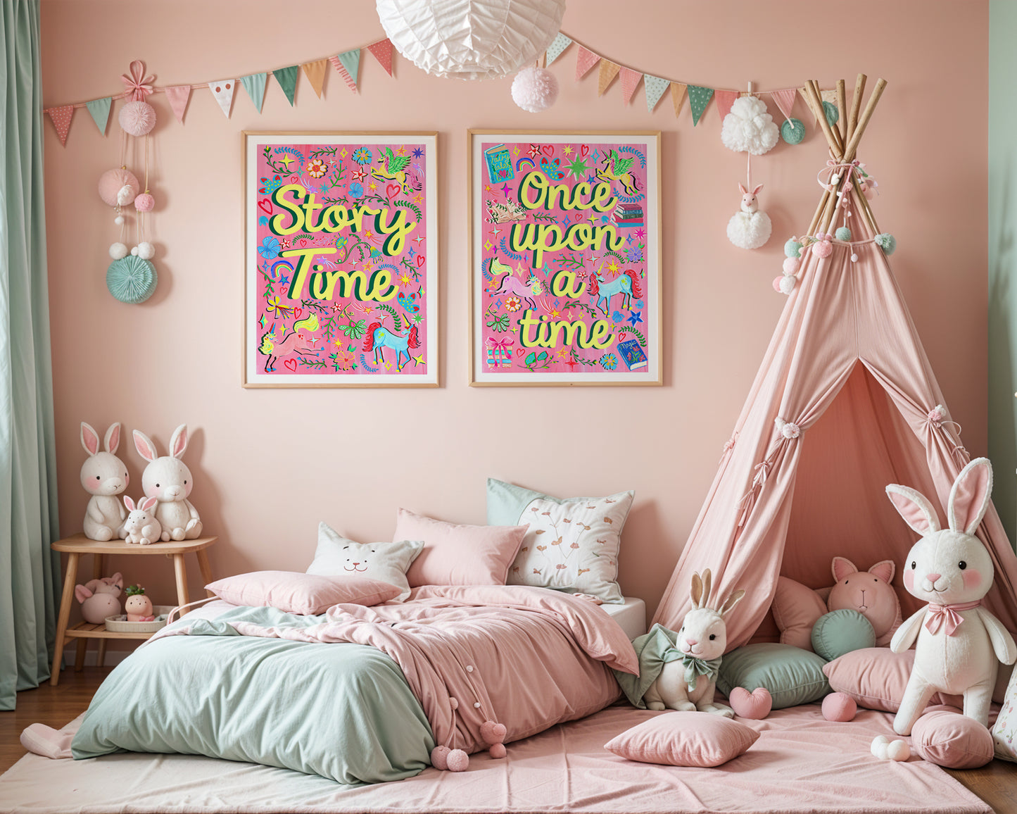 Children's bedroom with pink walls, a teepee, and decorative posters.