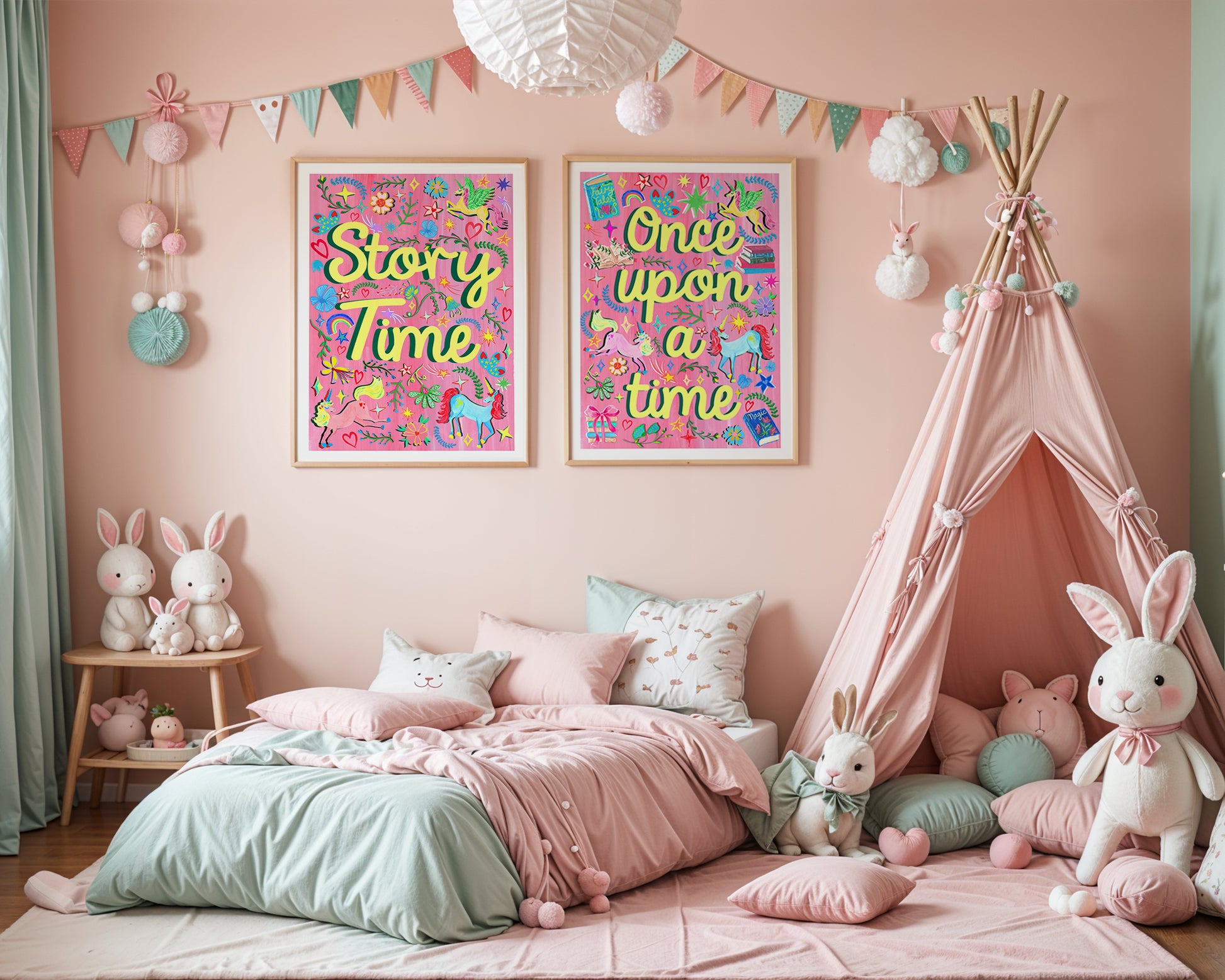 Children's bedroom with pink walls, a teepee, and decorative posters.