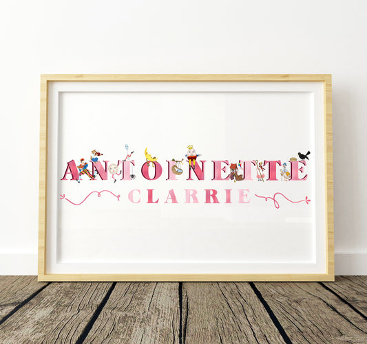 Framed artwork with colorful pink text and decorative nursery rhyme illustrations on a white background