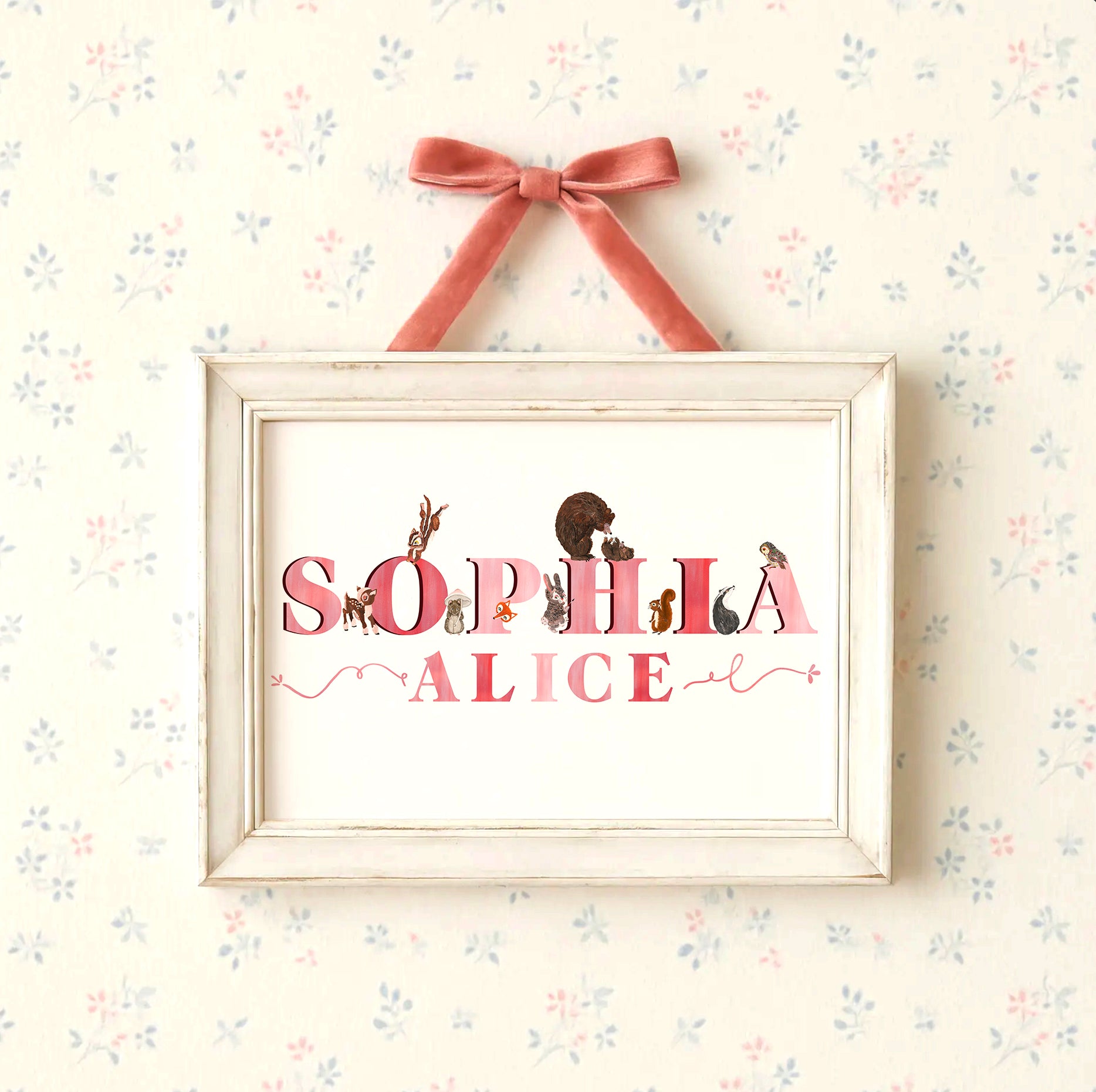 Framed artwork with 'SOPHIA ALICE' on a floral wallpaper background