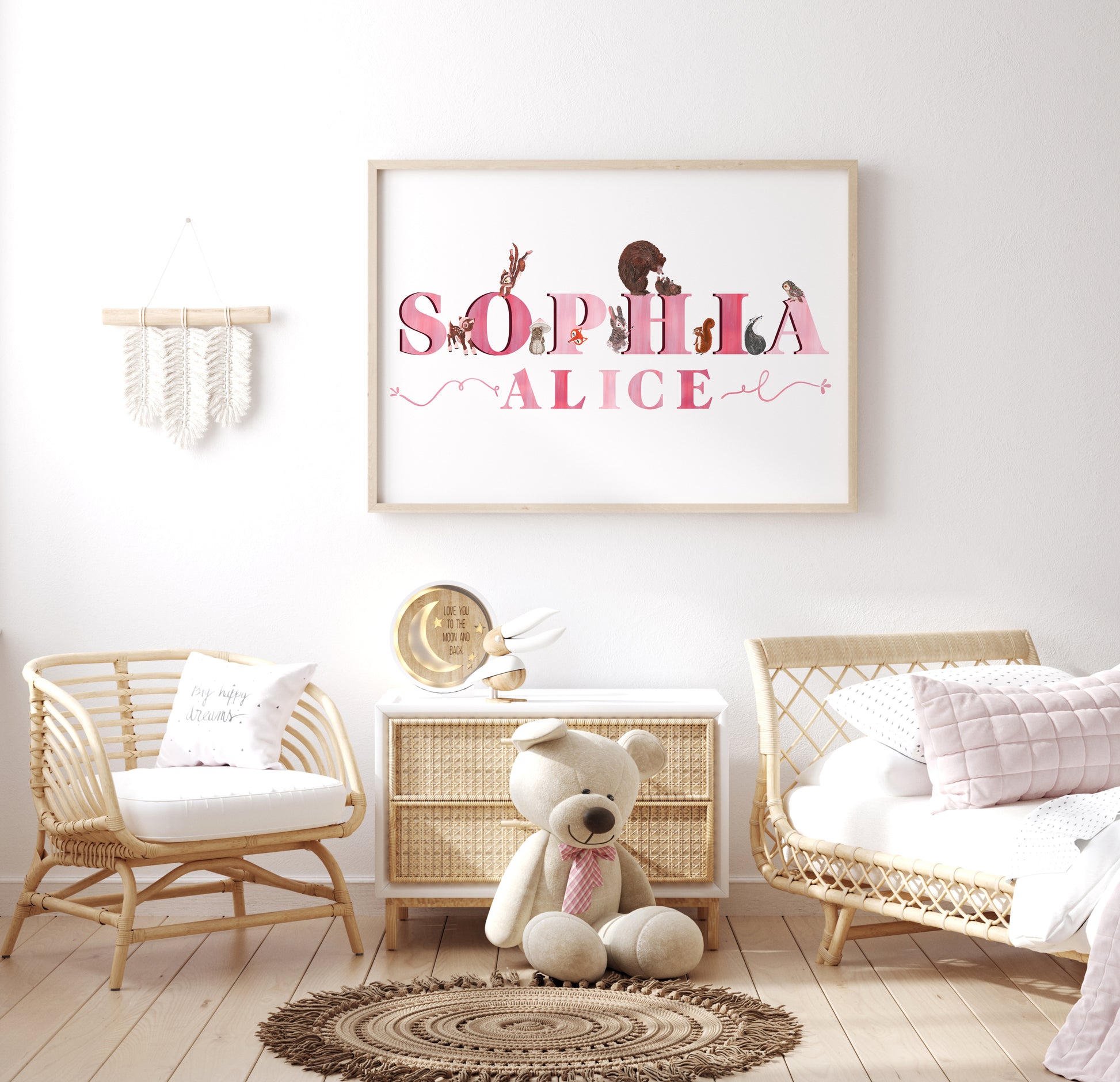 Children's room with wicker furniture, teddy bear, and framed artwork with name 'Sophia Alice'.