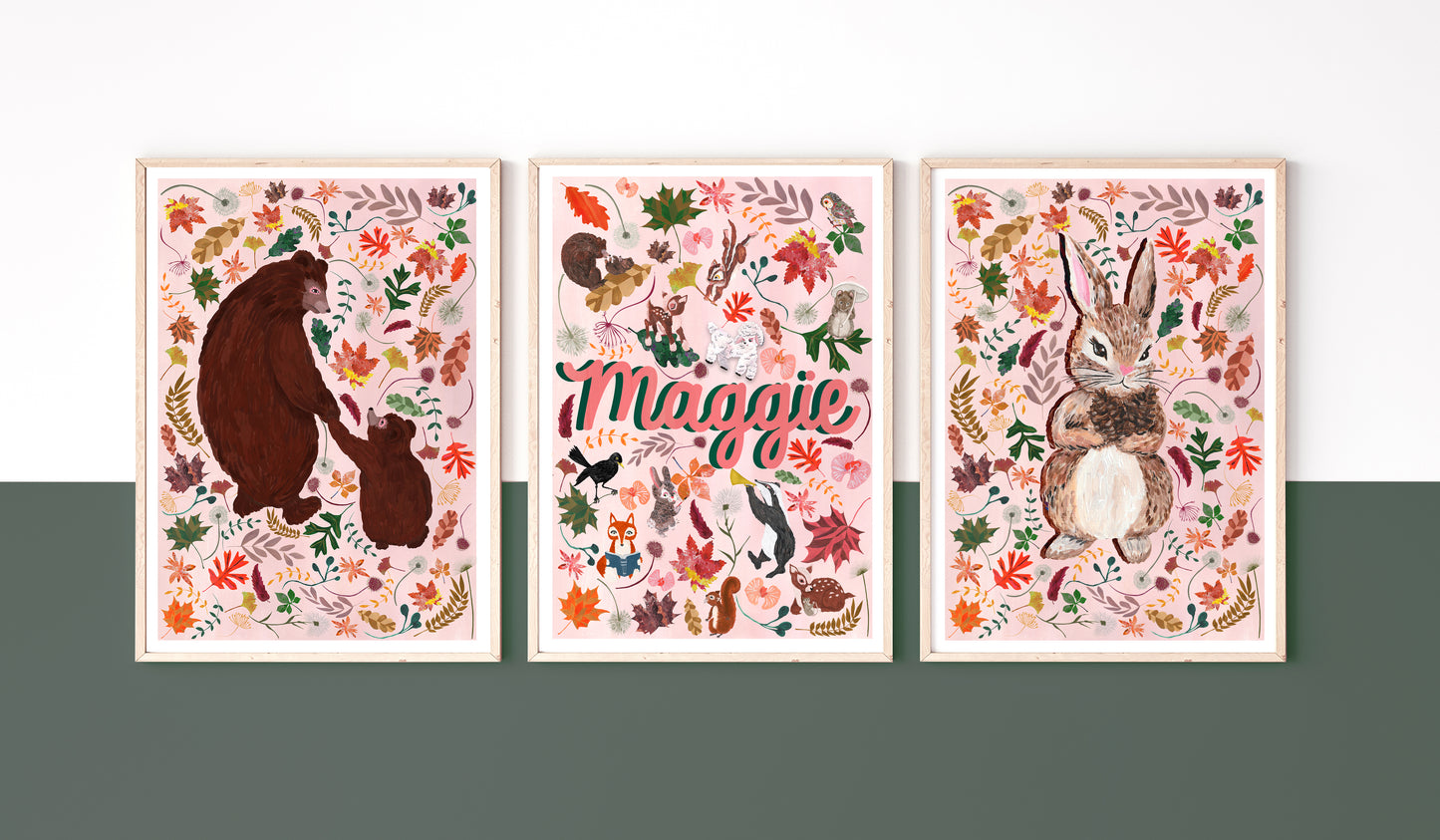Three framed artworks featuring woodland animals and autumn leaf pattern on a white background.