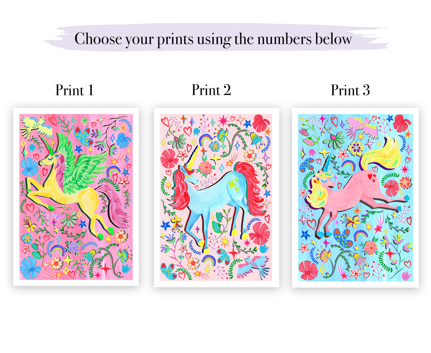 Three colorful prints of unicorns with flowers on a white background