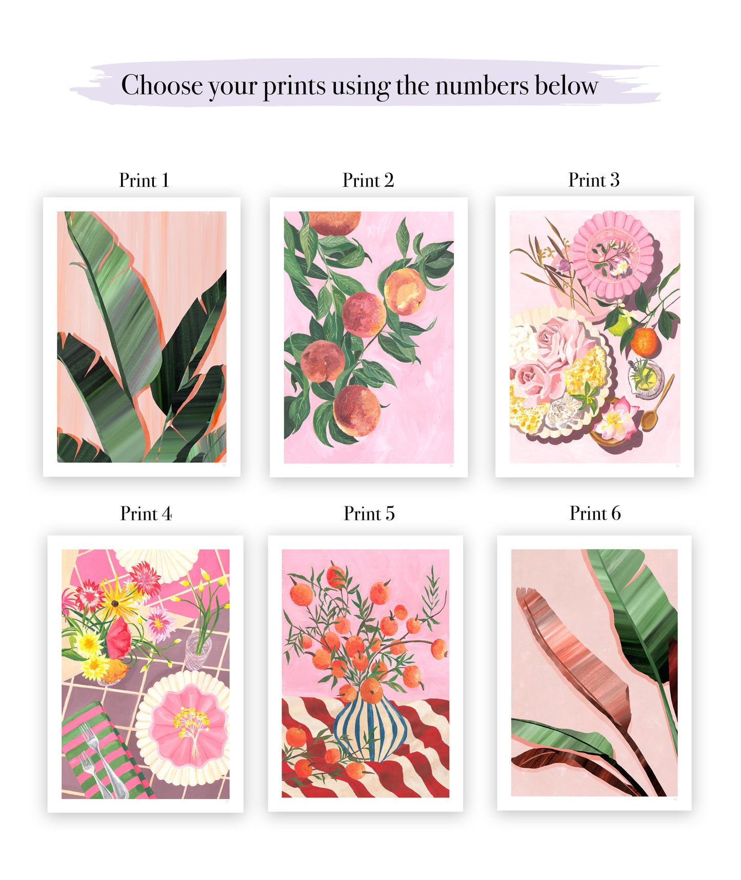 Six floral and nature-themed prints displayed on a white background with text above.