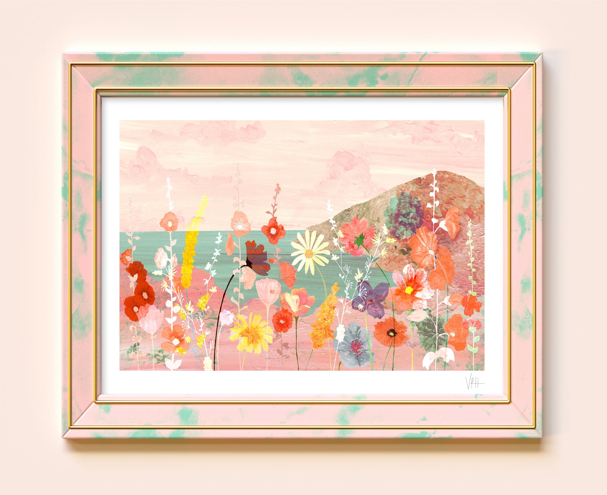 Framed artwork with colorful floral design on a light pink background