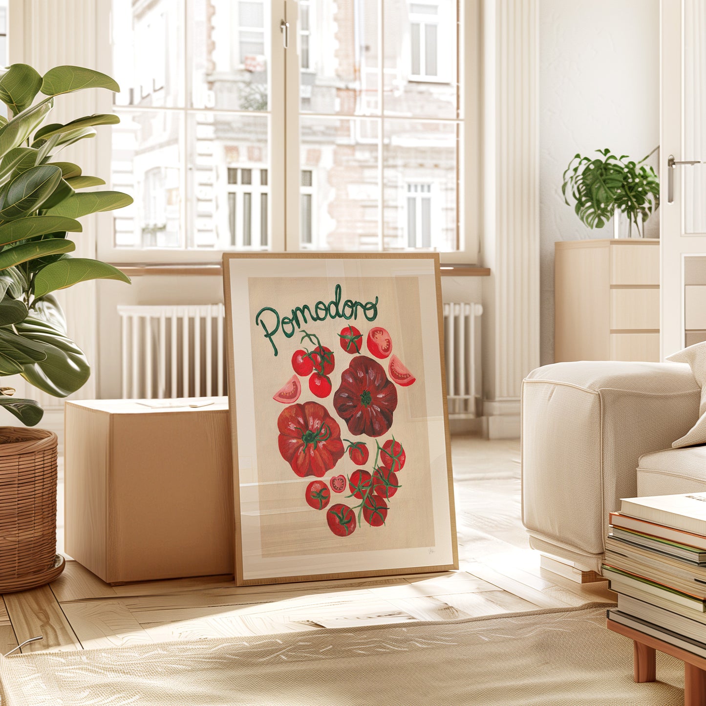 Framed artwork of tomatoes with 'Pomodori' text in a bright living room.