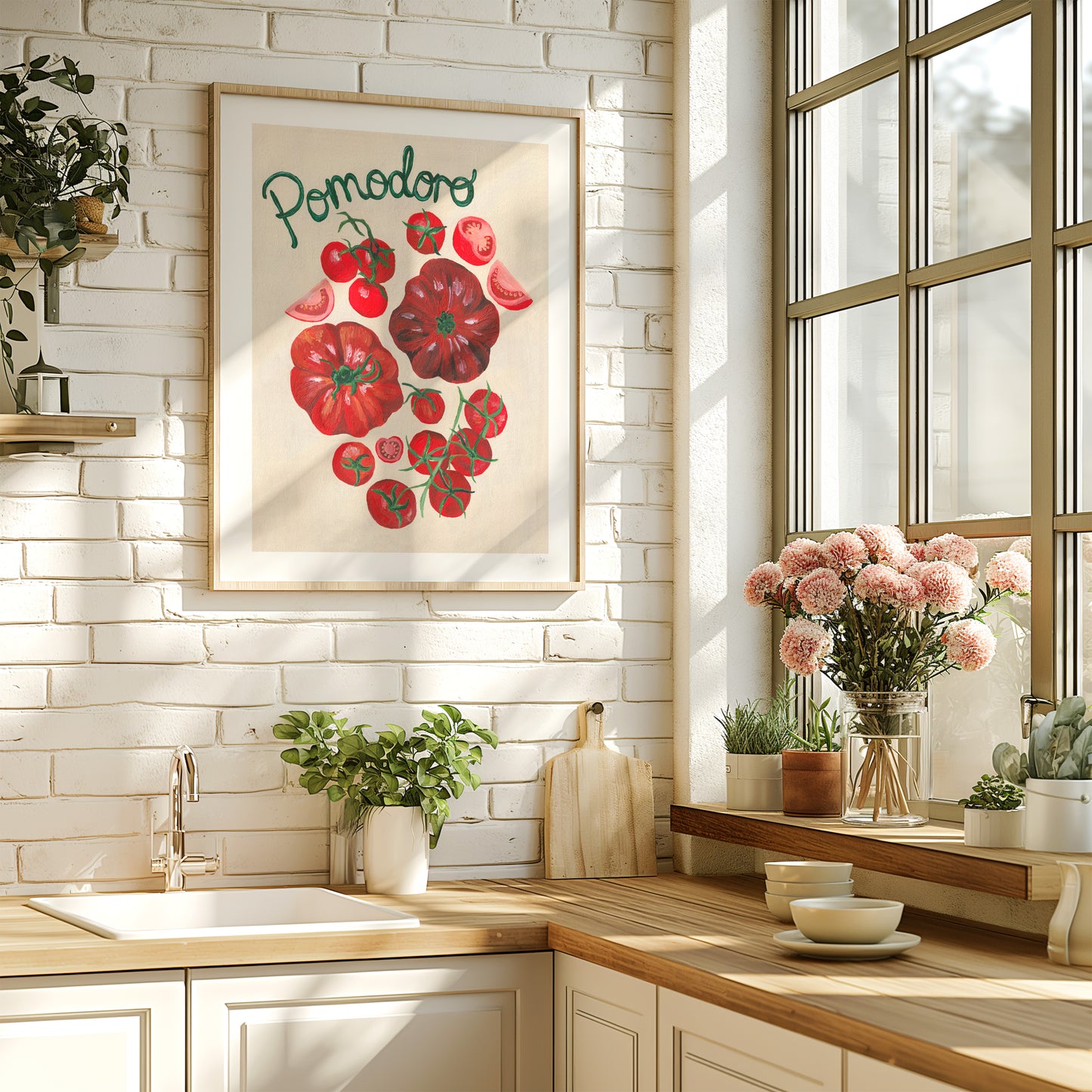 Hand painted tomatoes kitchen print with the hand painted words 'pomodoro'