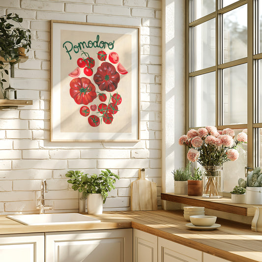 Hand painted tomatoes kitchen print with the hand painted words 'pomodoro'