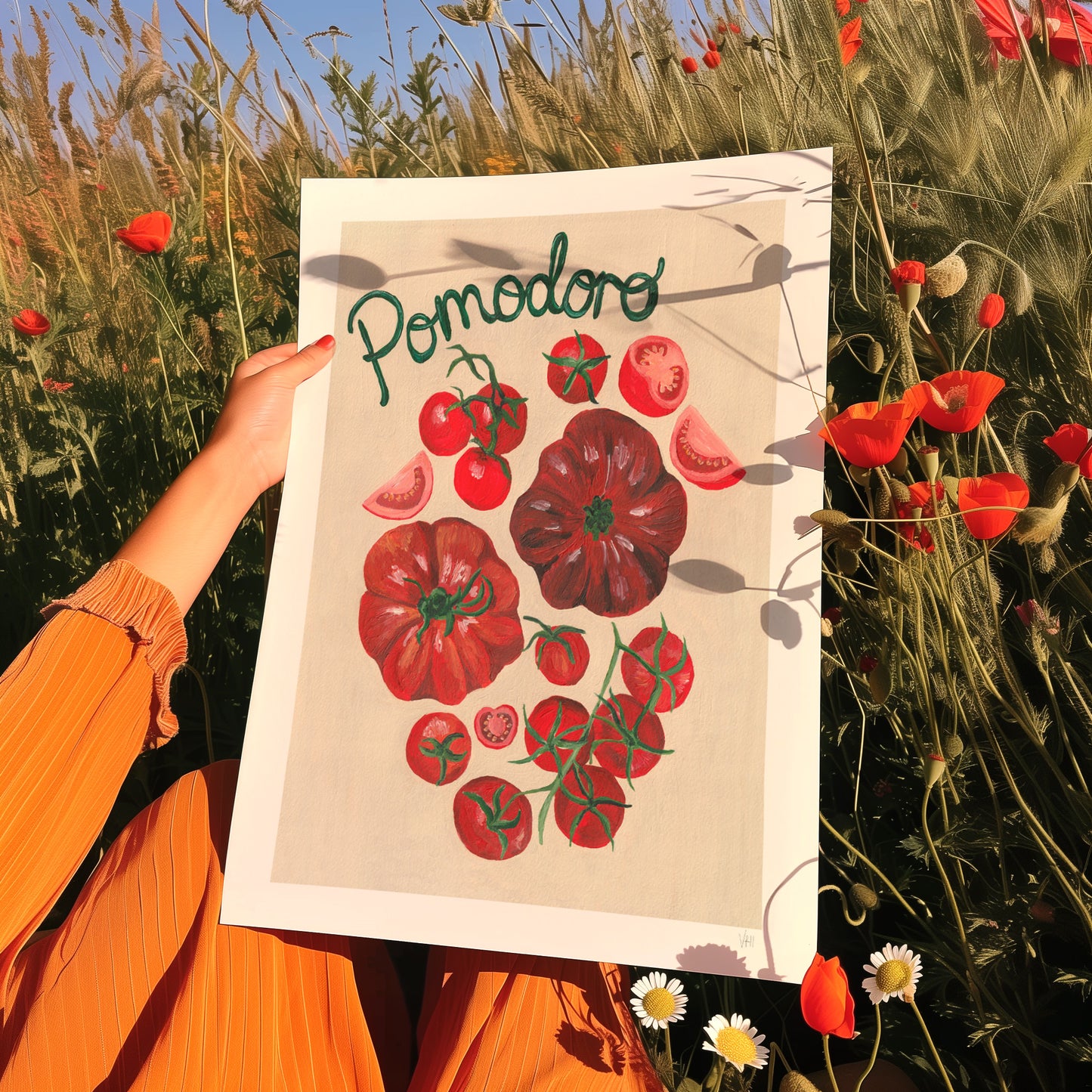 tomatoes fruit print with hand painted word 'pomodoro'