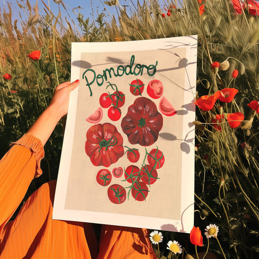 tomatoes fruit print with hand painted word 'pomodoro'