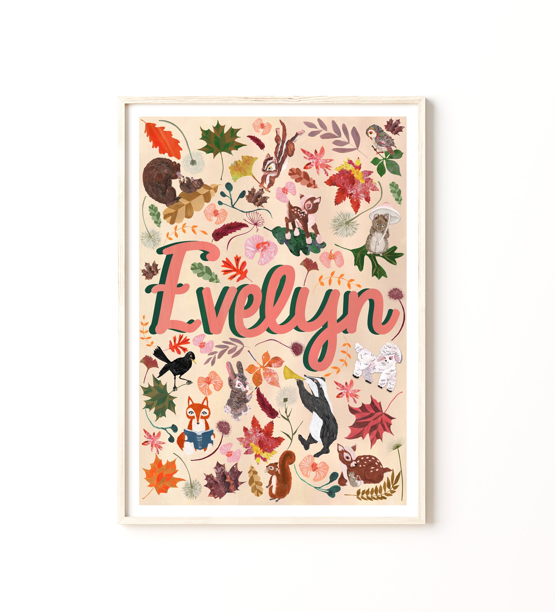 Framed artwork with 'Evelyn' surrounded by nature-themed illustrations on a white background