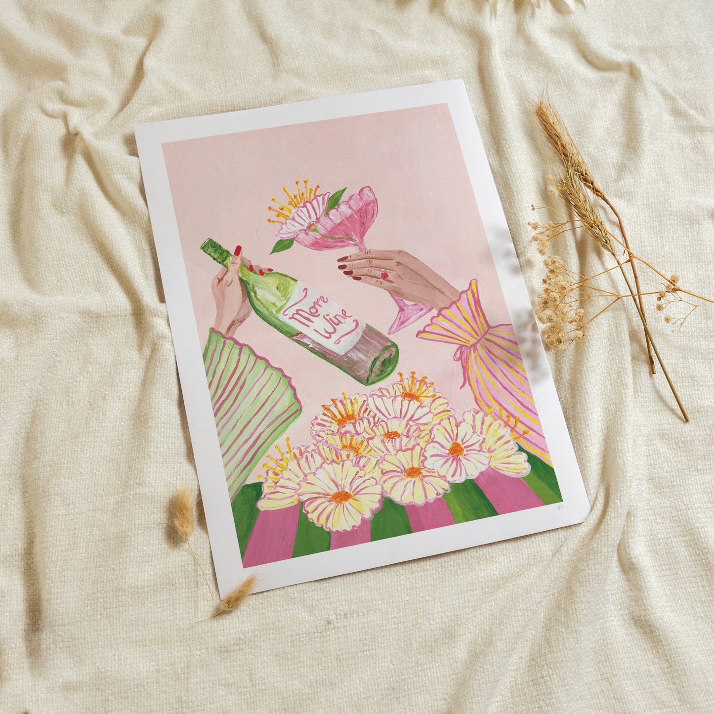 Illustrated postcard with floral design and bottle on beige fabric background
