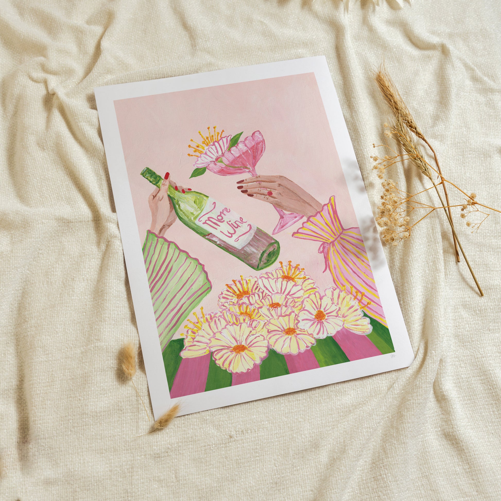 Illustrated postcard with floral design and bottle on beige fabric background