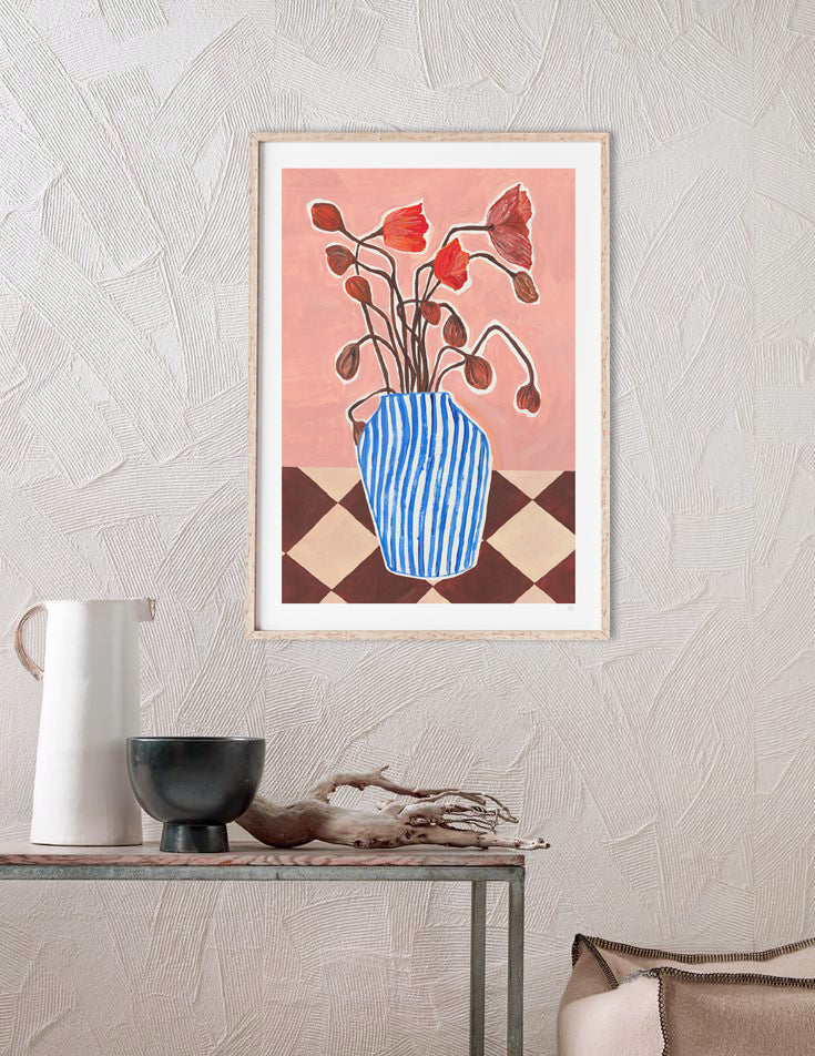 Poppies in Blue Striped Vase Print