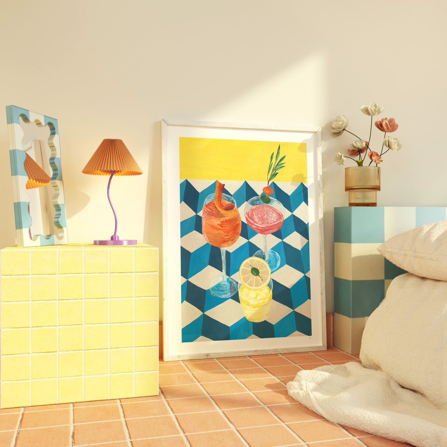 Colorful abstract art print on a wall in a room with a lamp and decorative items.