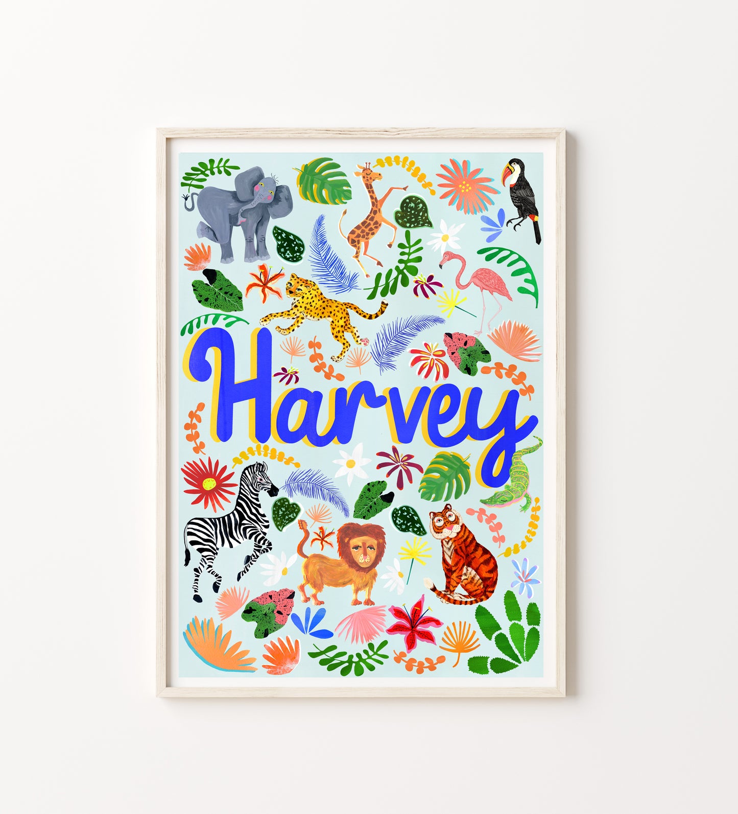 Colorful children's poster with animals and the name 'Harvey' on a white background