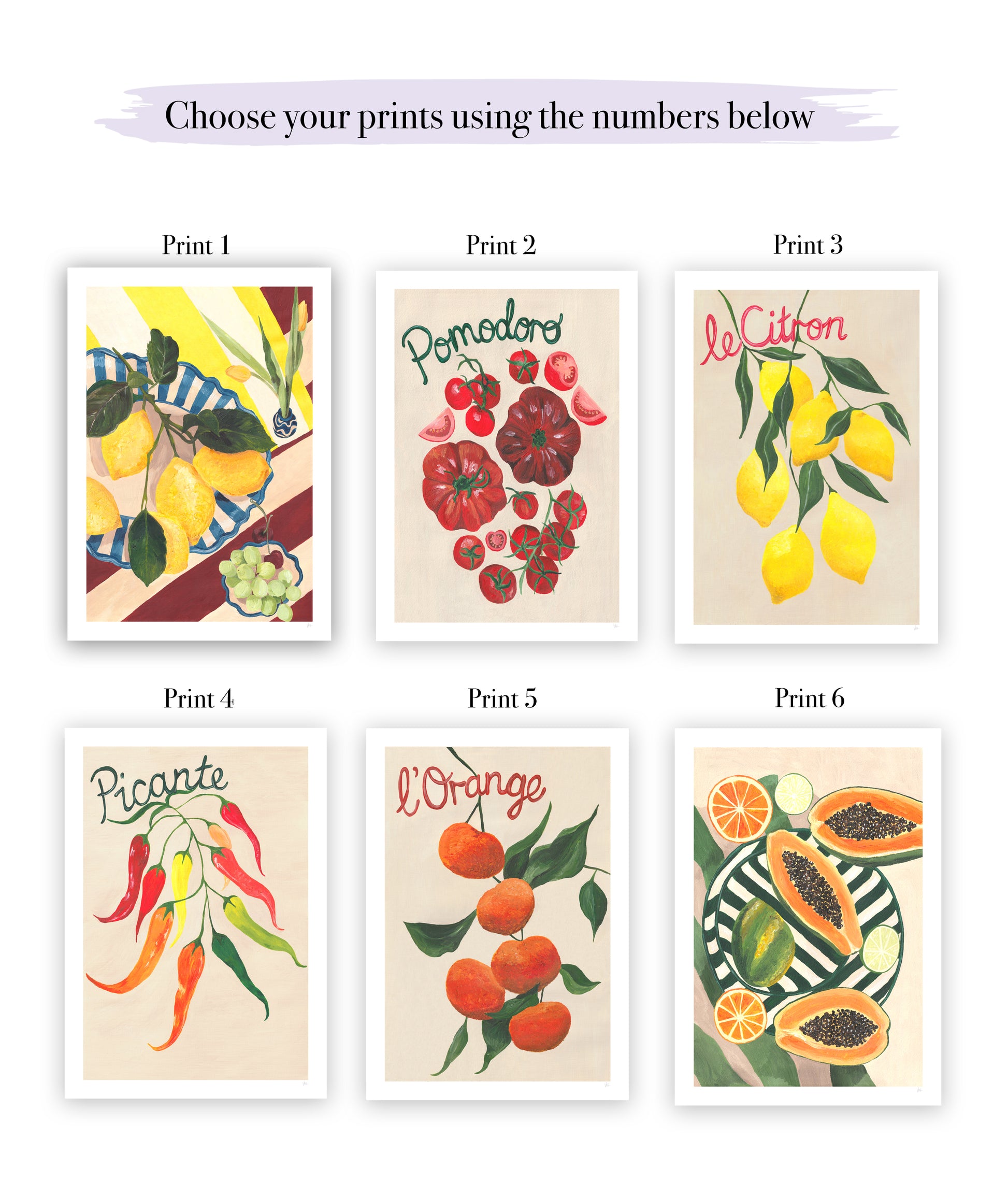 Six colorful prints featuring fruits, vegetables, and text on a white background.