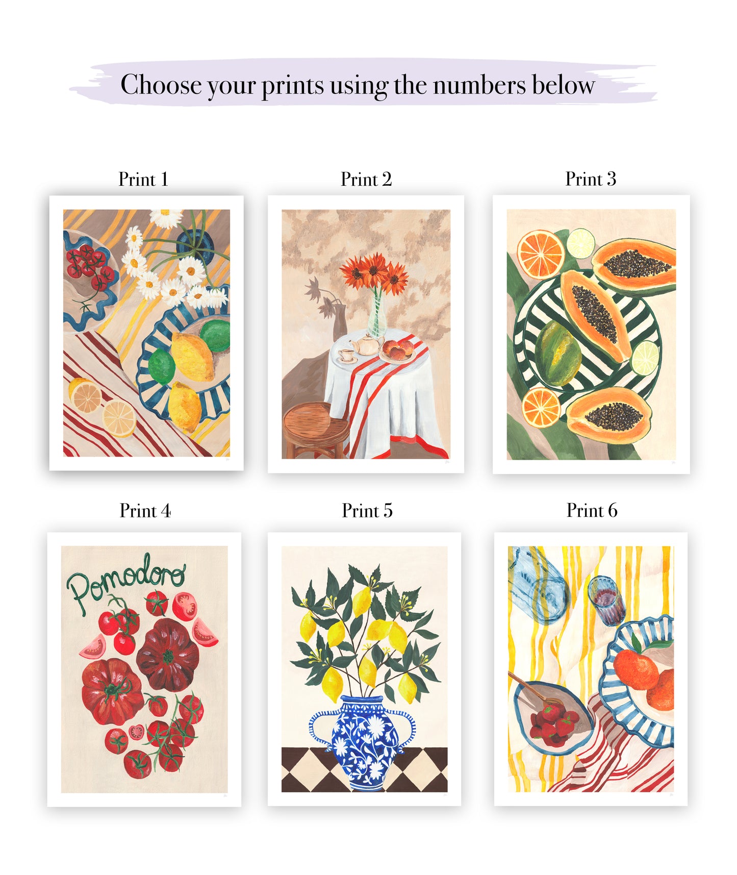 Set of six art prints with various designs on a white background