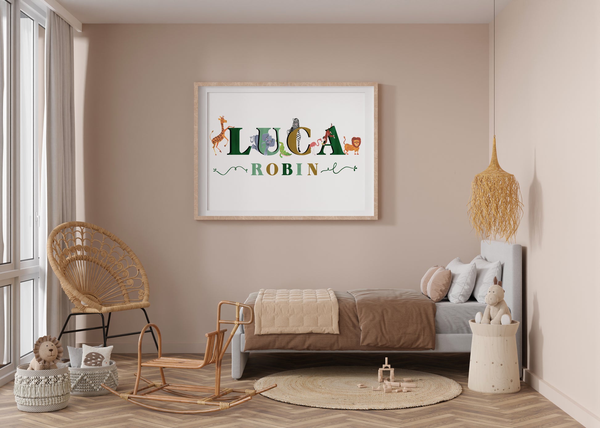 Children's room with a framed name with safari animal illustrations art piece on the wall, wicker chair, and wooden rocking horse.
