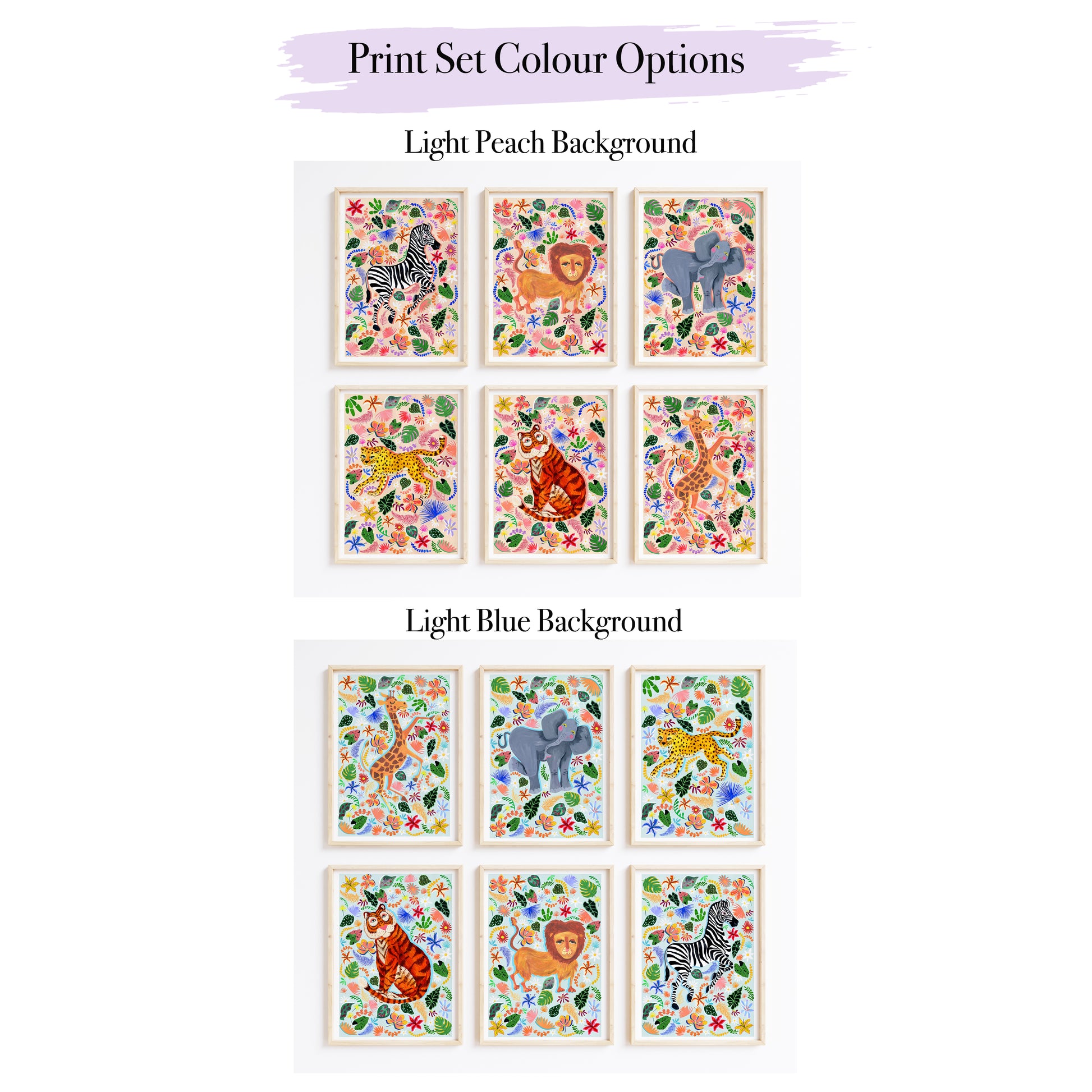 Set of animal illustrations with color options on a light peach and light blue background.