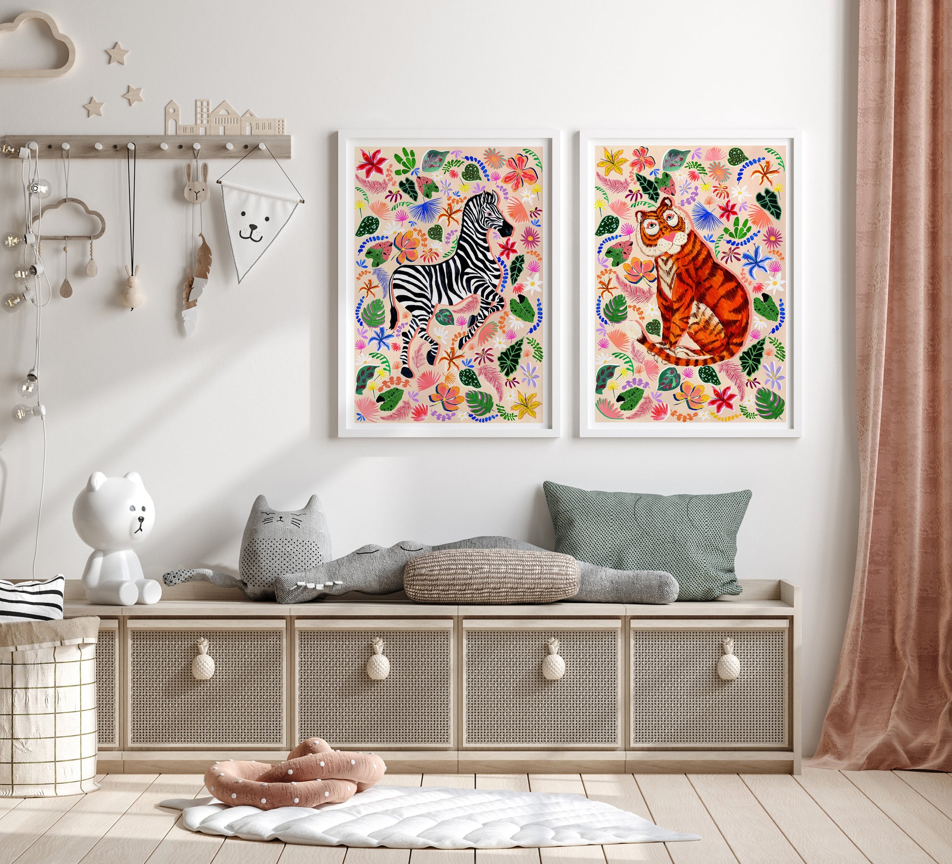 Children's room with colorful animal prints on the wall, a bench, and toys.